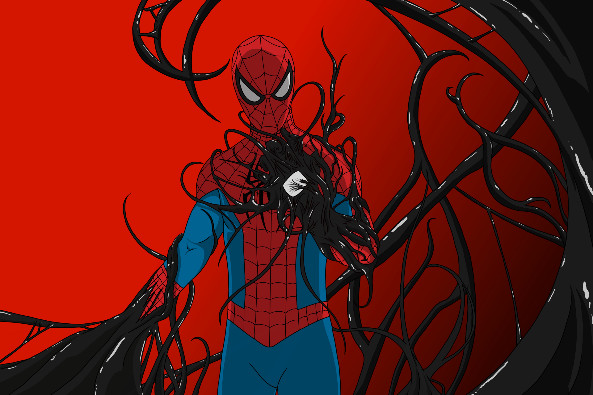 Marvel Comics Spider-Man in dynamic action with black symbiote tendrils against a bold red background, rendered as an 8K Ultra HD PC desktop wallpaper.