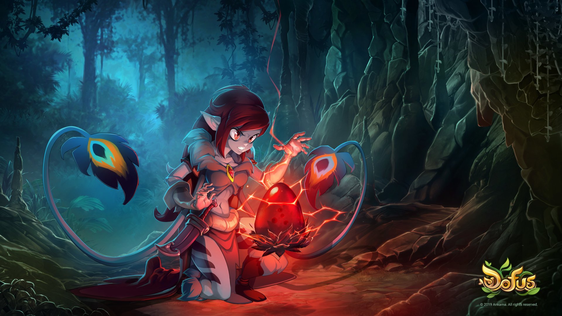 A high-definition desktop wallpaper featuring an enchanting character from the video game Dofus, depicted in a mystical forest with glowing red elements and intricate details.
