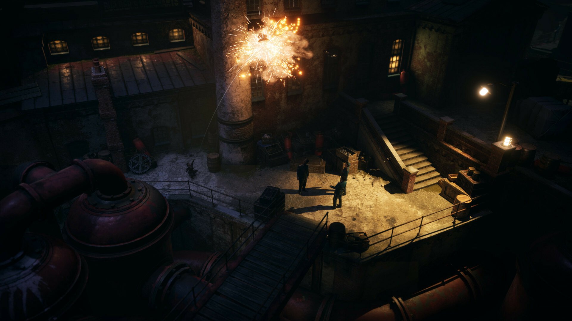 HD desktop wallpaper from the video game Eriksholm: The Stolen Dream, featuring a dramatic night scene with an explosion in an industrial environment.