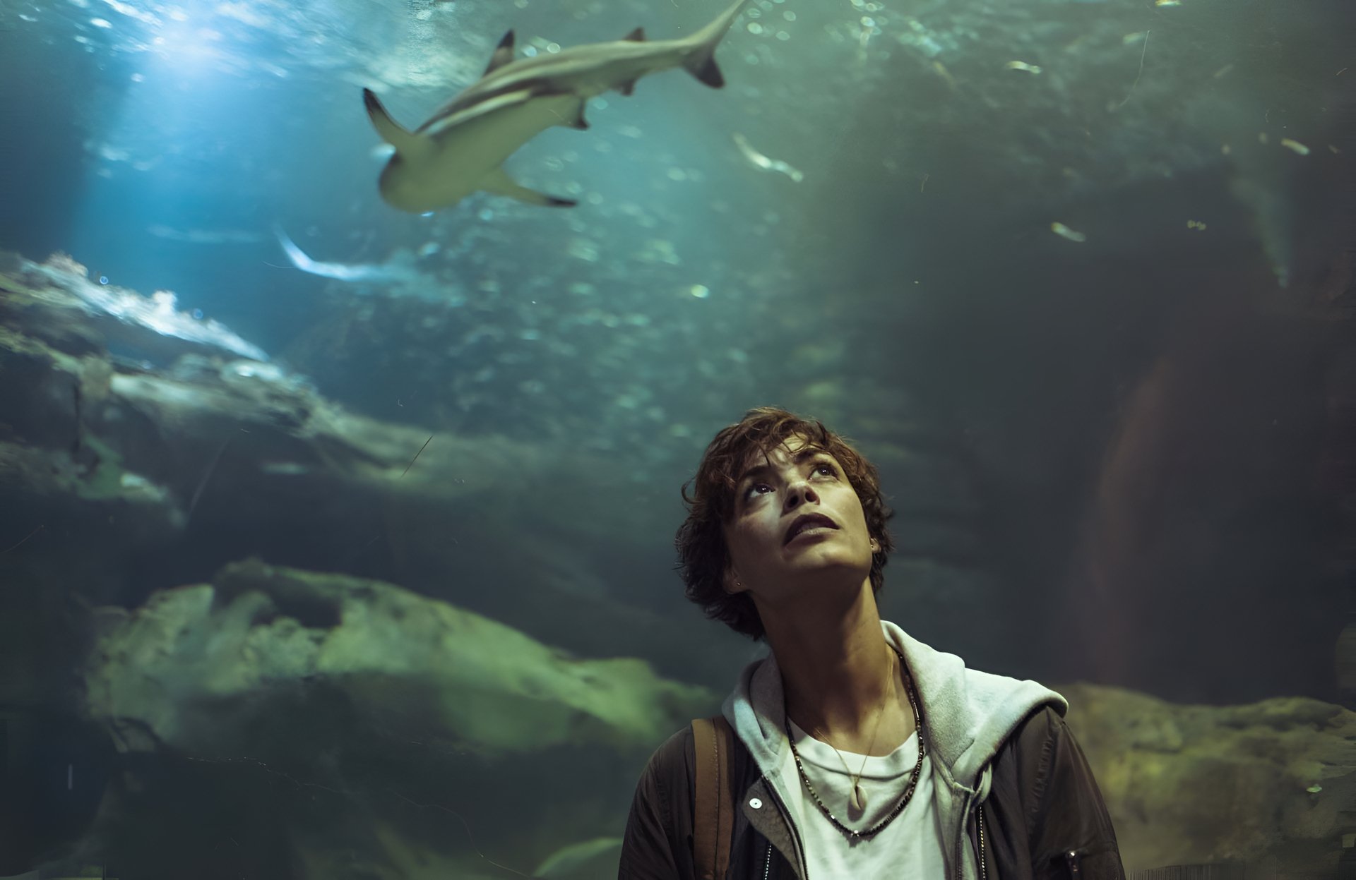 Movie scene from Under Paris featuring a young person looking up at a shark in an underwater setting. This HD desktop wallpaper captures the serene underwater atmosphere.
