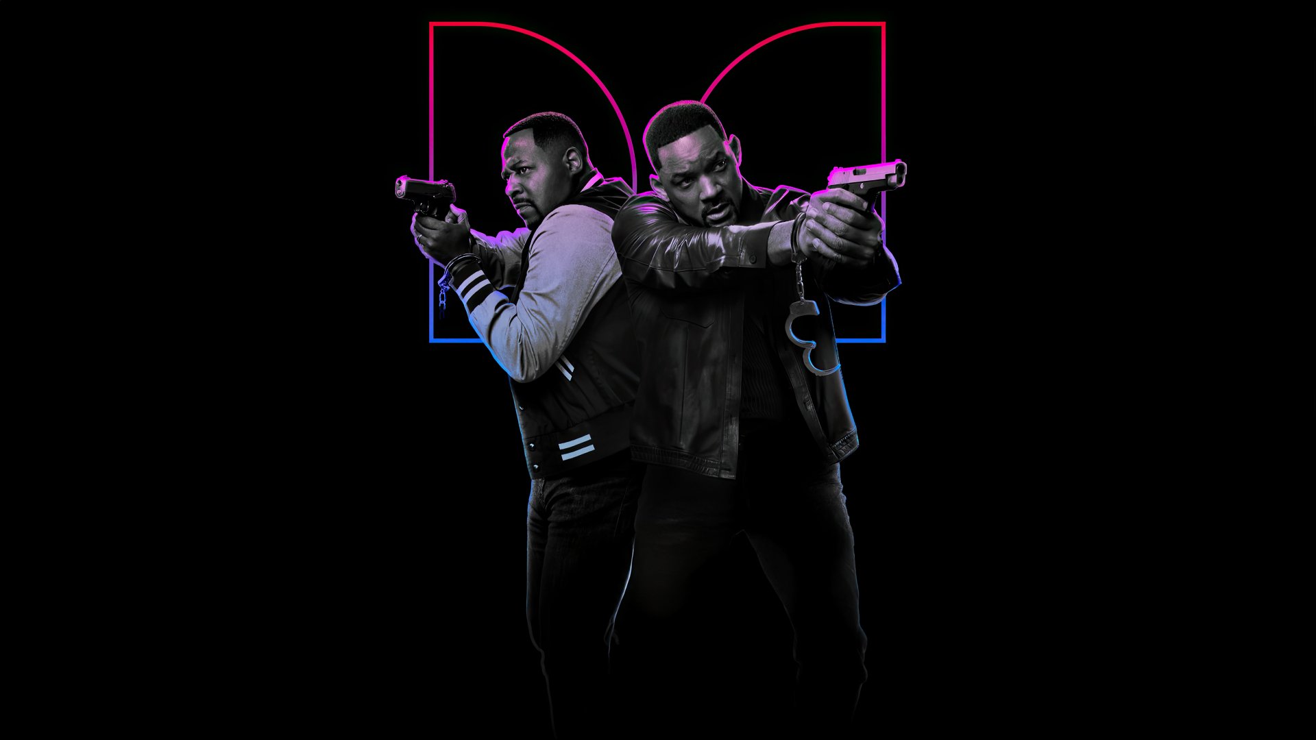 HD desktop wallpaper featuring Will Smith and Martin Lawrence from the movie Bad Boys: Ride or Die, standing back-to-back with guns drawn against a black background with neon outlines.