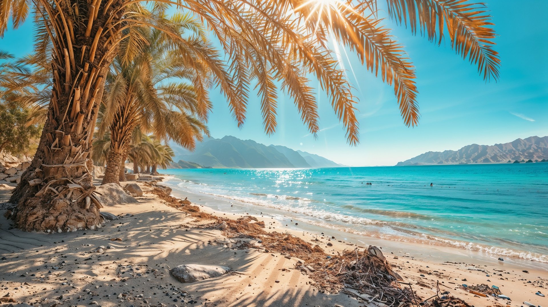 HD desktop wallpaper showing a serene beach scene with clear blue sea, sandy shore, and palm tree shadows under bright sunlight.