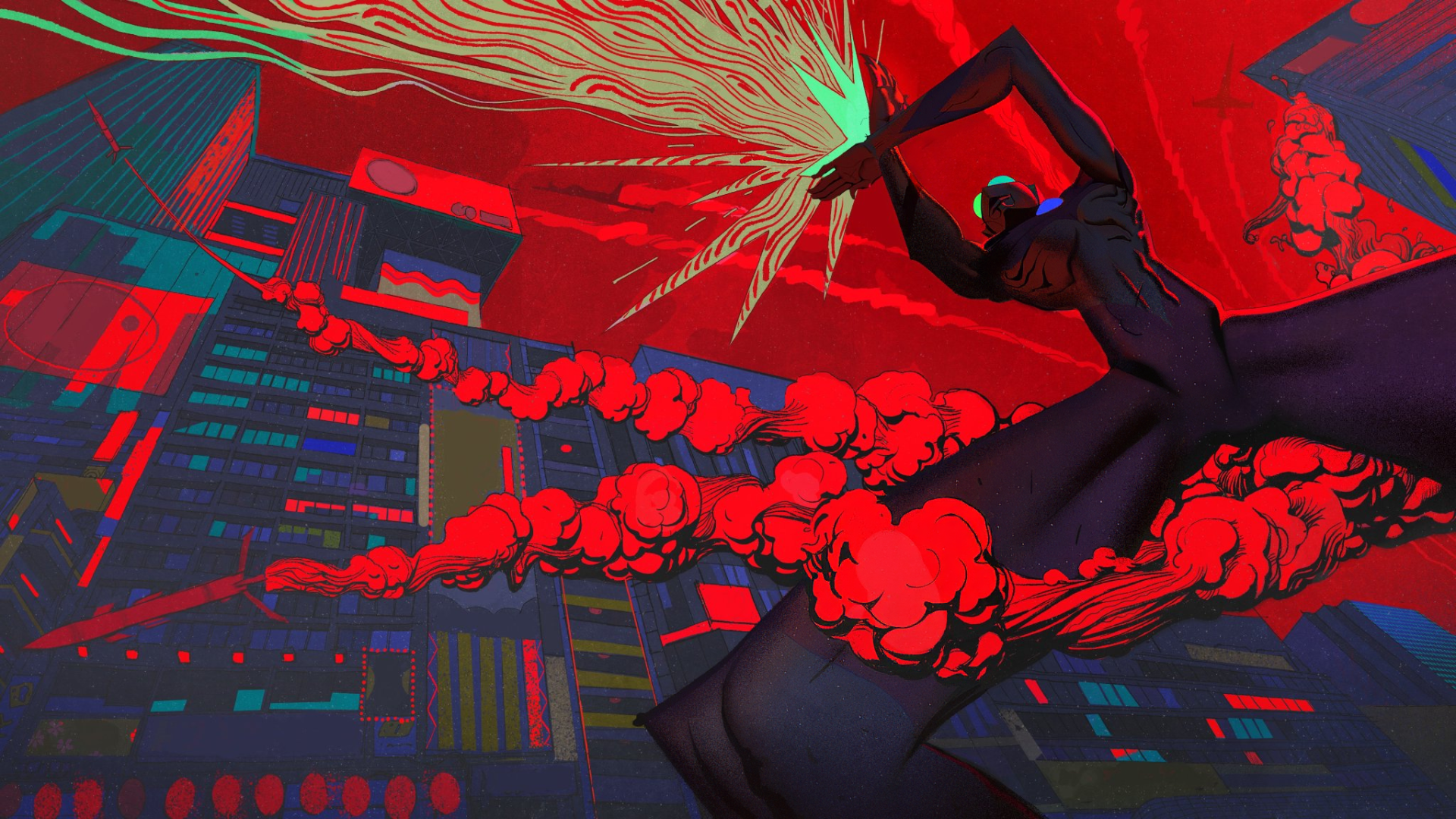 Movie poster for Ultraman: Rising, featuring a dark figure amidst a vivid red and blue cityscape, depicted in a dynamic action scene. HD desktop wallpaper and background.