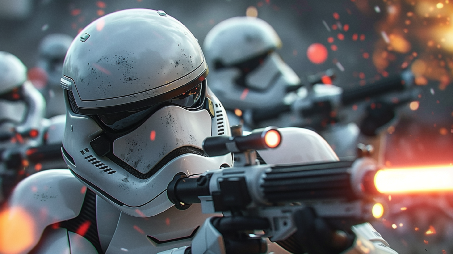 HD PC desktop wallpaper featuring fan art of Star Wars stormtroopers aiming their blasters amidst glowing embers and a smoky battlefield backdrop.