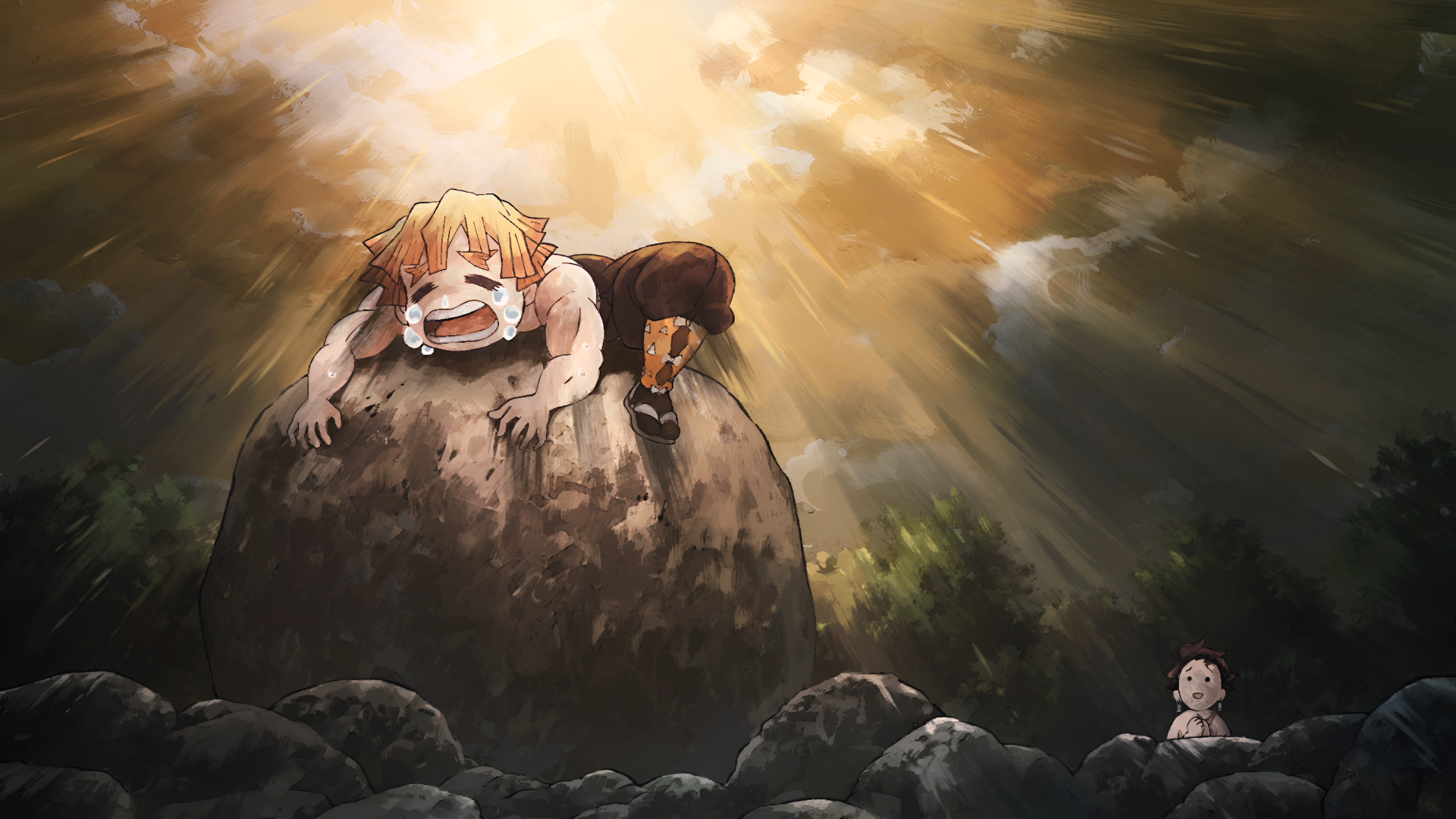 4K Ultra HD anime wallpaper from Demon Slayer: Kimetsu no Yaiba featuring Zenitsu Agatsuma clinging to a rock with Tanjiro Kamado watching nearby under dramatic lighting.