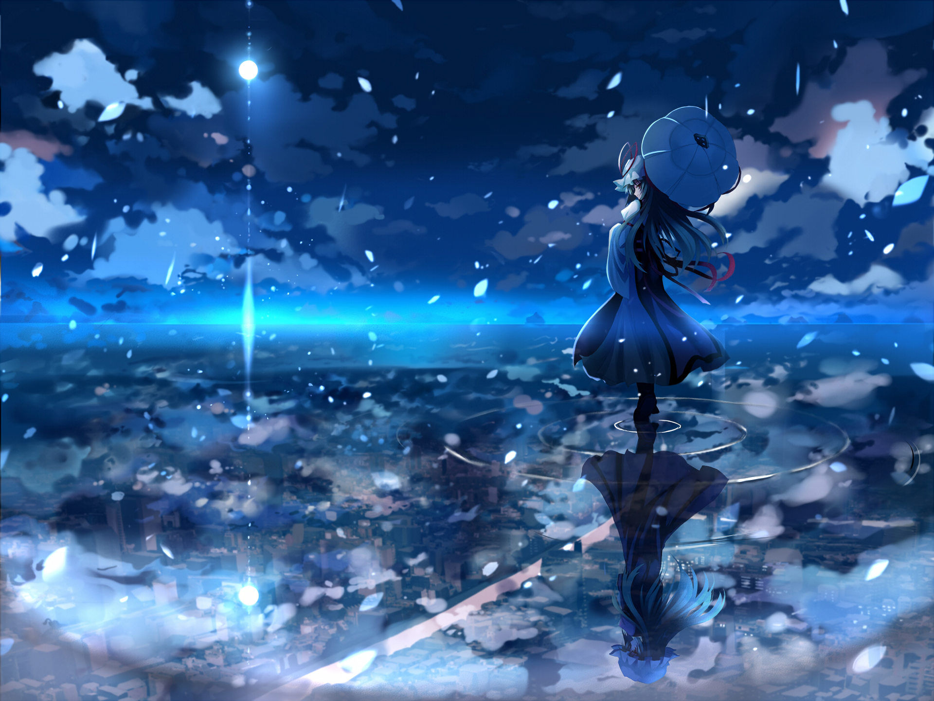 Anime night scene featuring Yukari Yakumo with long hair and a dress, holding an umbrella, standing on reflective water under glowing lights in a HD PC desktop wallpaper.