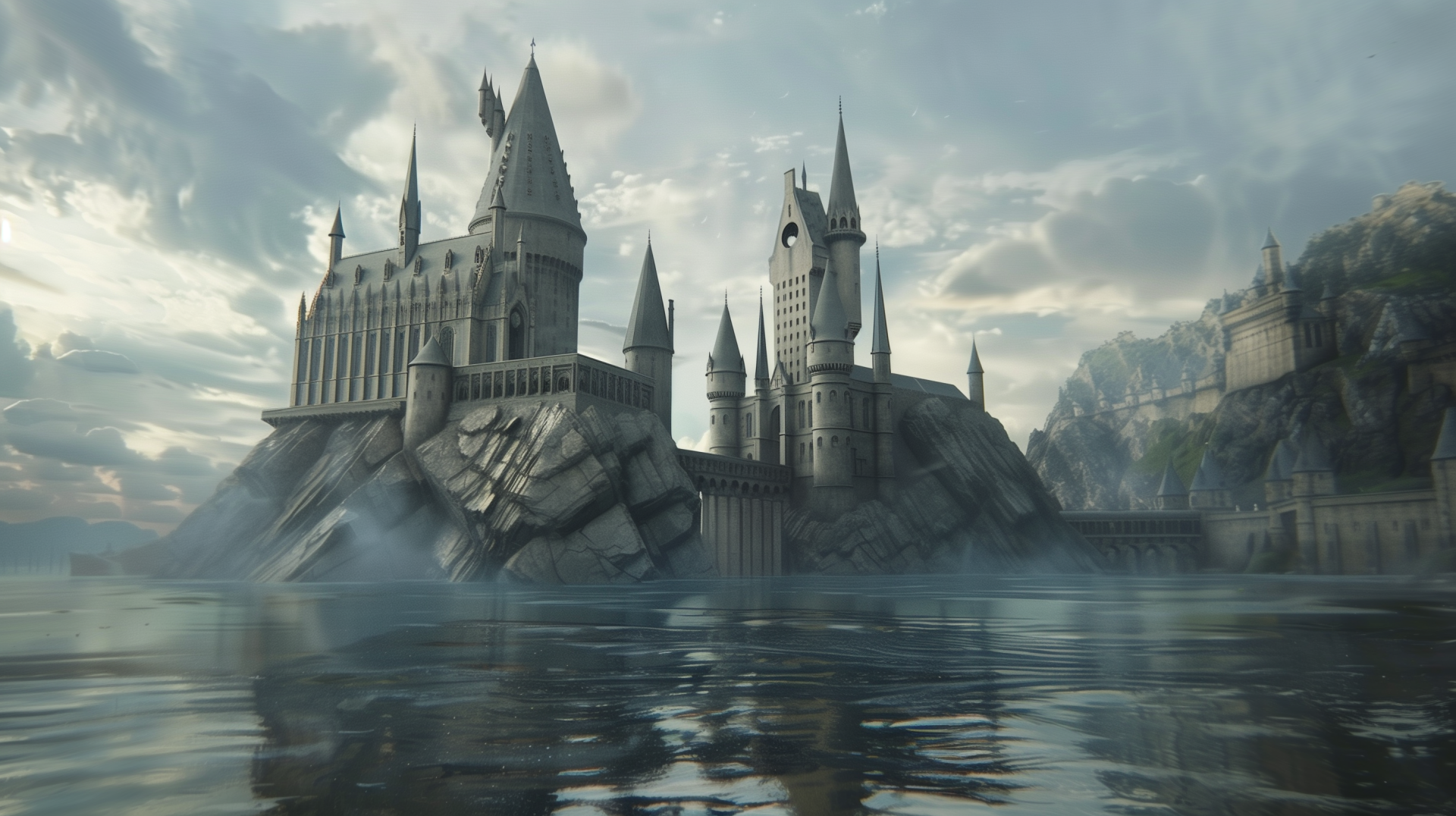 High-definition desktop wallpaper featuring Hogwarts Castle from the Harry Potter movies, set against a misty sky and serene water backdrop.