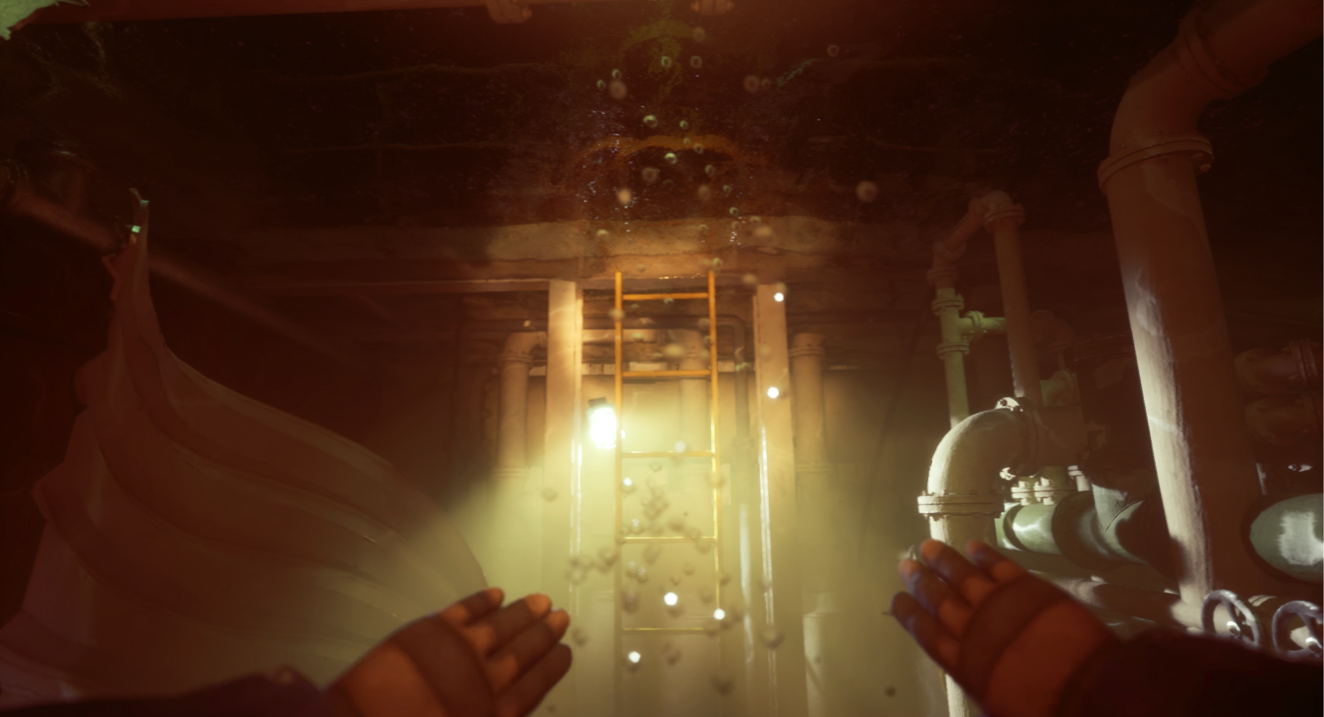 HD desktop wallpaper of Still Wakes the Deep video game, showing a first-person perspective of hands reaching towards an illuminated ladder in a dark, industrial underwater environment.