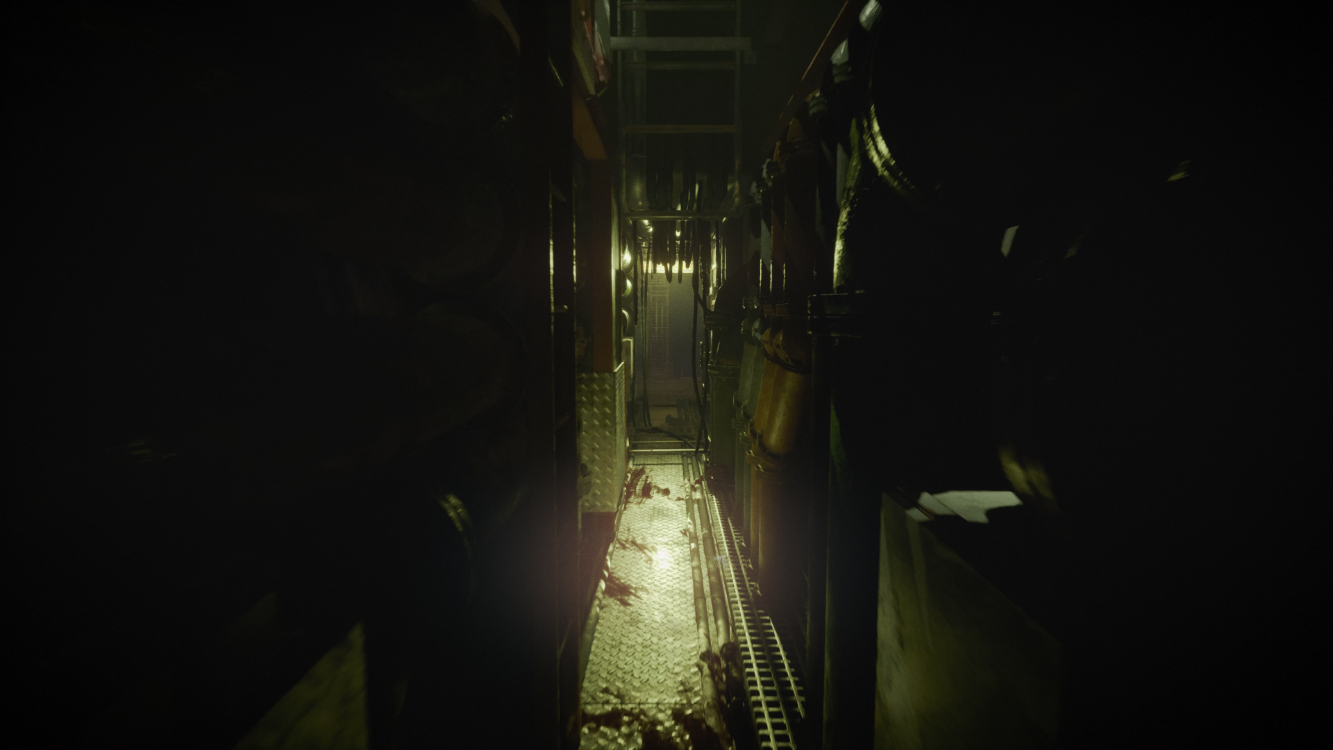HD desktop wallpaper and background from the video game Still Wakes the Deep shows a dark, eerie corridor with industrial pipes and dim lighting.