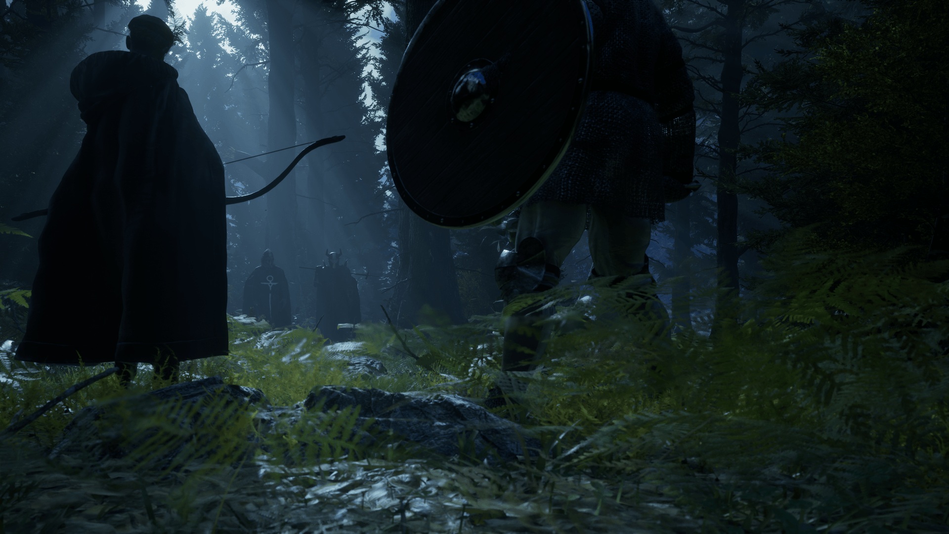 HD desktop wallpaper of the video game Pax Dei depicting a mysterious forest scene with figures holding a bow and a shield, illuminated by beams of light through the trees.