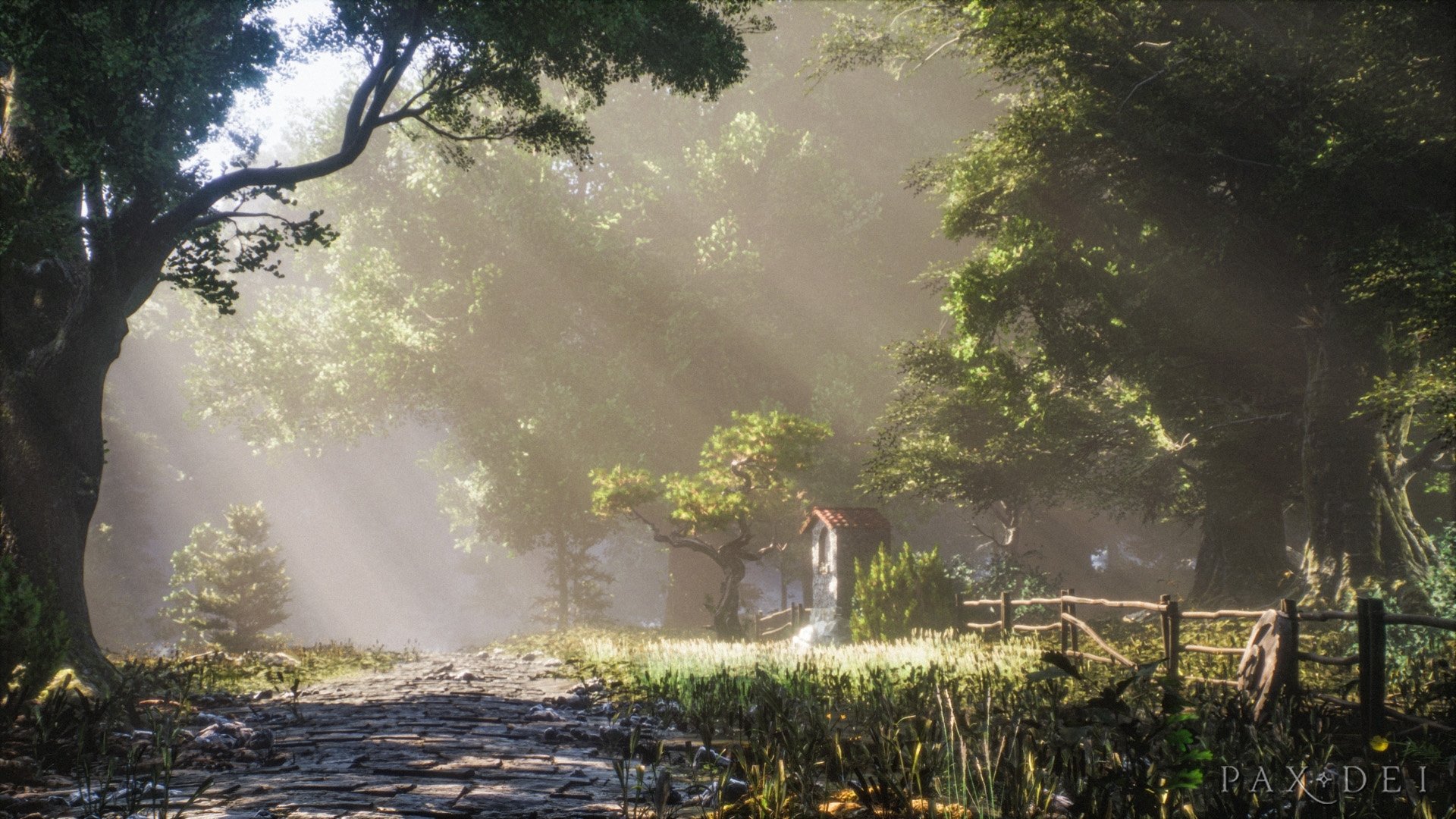 A stunning HD desktop wallpaper and background from the video game Pax Dei, featuring sunbeams filtering through a lush, serene forest pathway.