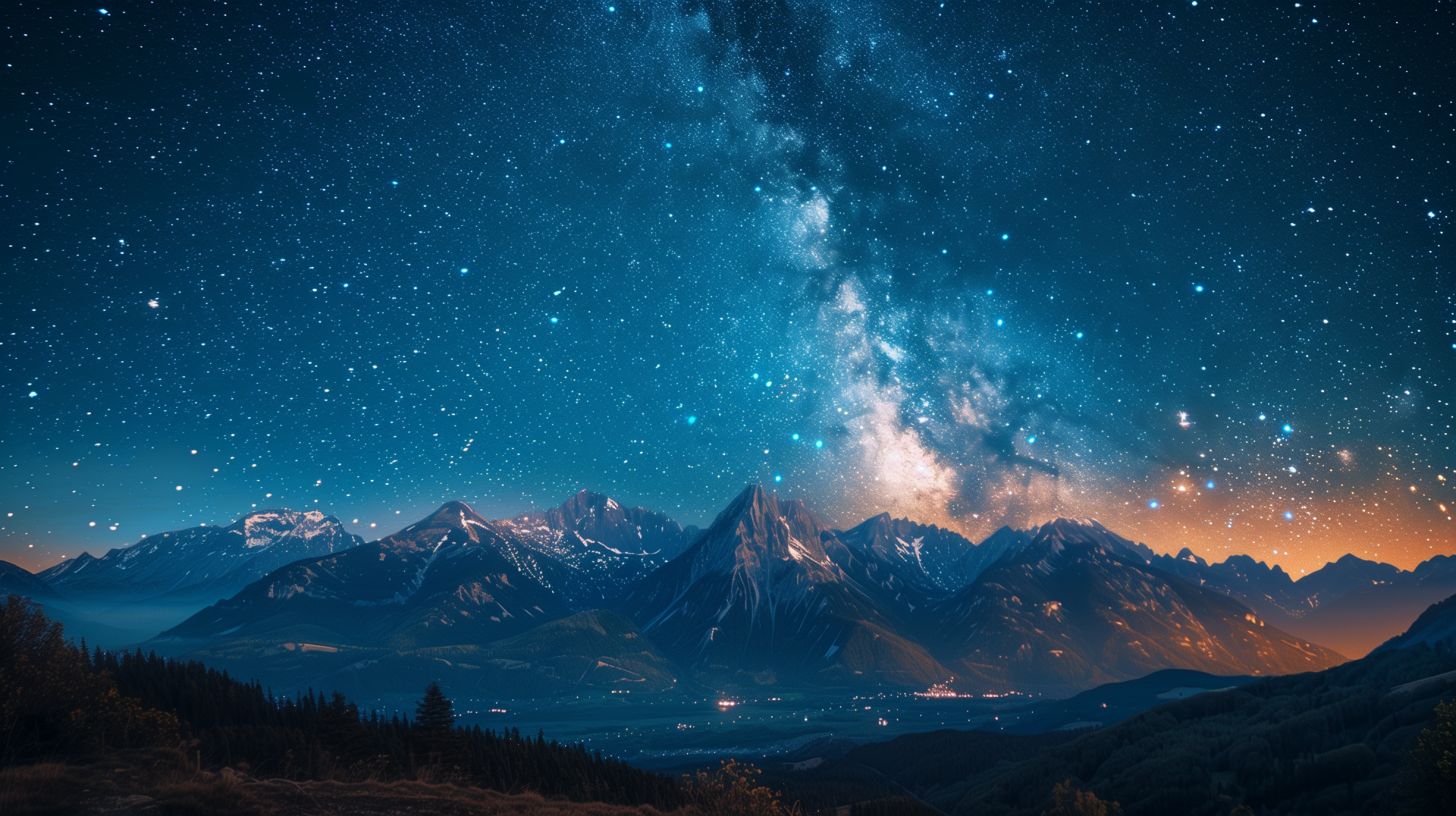 The HD desktop wallpaper features a breathtaking night landscape with a starry sky and the Milky Way arching over majestic mountains. The serene scene captures the beauty of nature under a clear, twinkling sky.