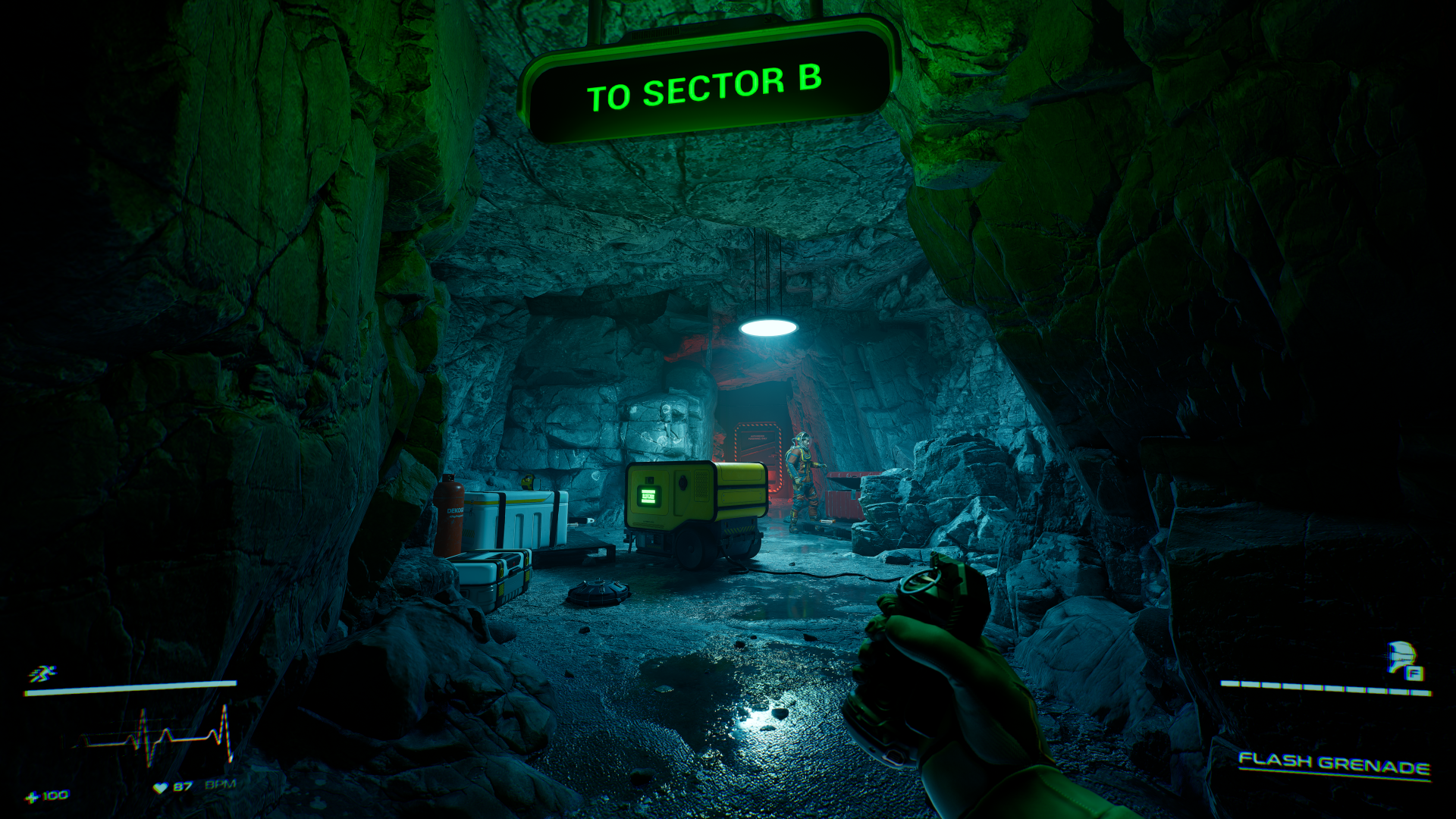 HD desktop wallpaper of a scene from the video game Level Zero: Extraction, depicting a player in an underground cave heading towards Sector B. The environment is dimly lit and features advanced equipment.