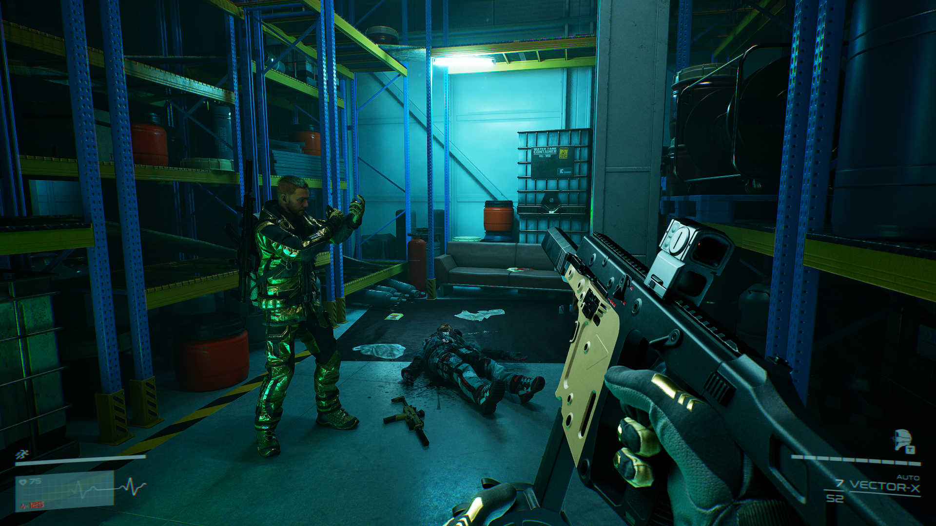 HD desktop wallpaper and background for the video game, Level Zero: Extraction, featuring an intense standoff between armed characters in a high-tech storage room.