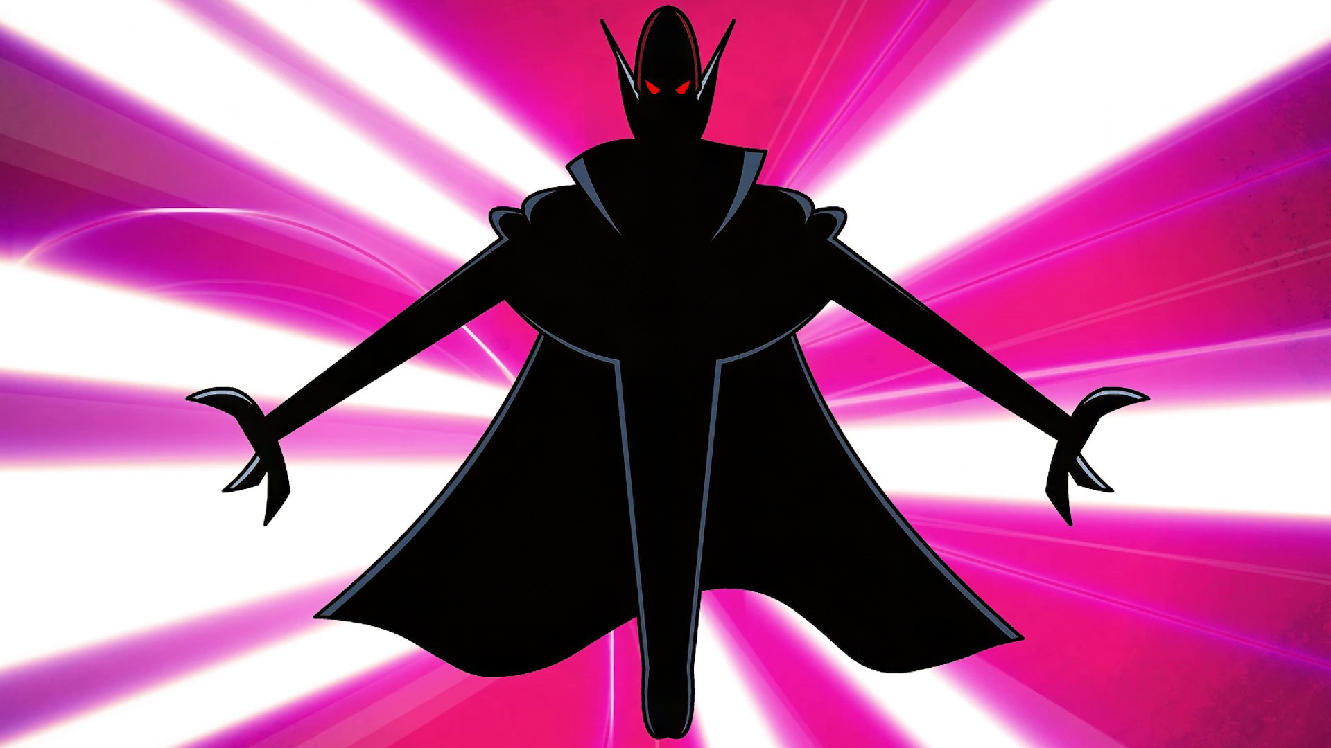 HD desktop wallpaper of a silhouetted figure with red eyes from the video game BLUD, set against a vibrant pink and white background.