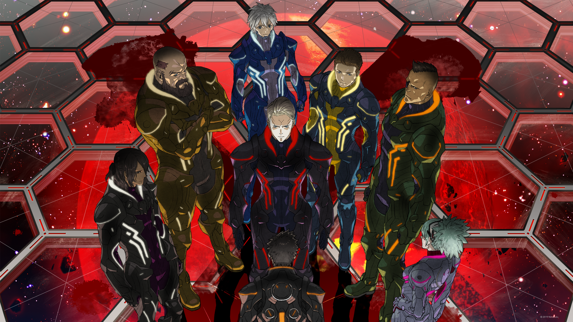 Daemon X Machina characters in futuristic suits stand together on a hexagonal red-lit platform, showcased in a 4K Ultra HD PC desktop wallpaper.