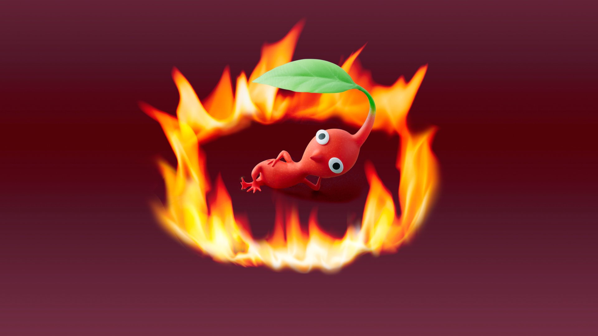 Vibrant 4K Ultra HD Pikmin wallpaper featuring a red Pikmin surrounded by a ring of fire against a deep maroon background.