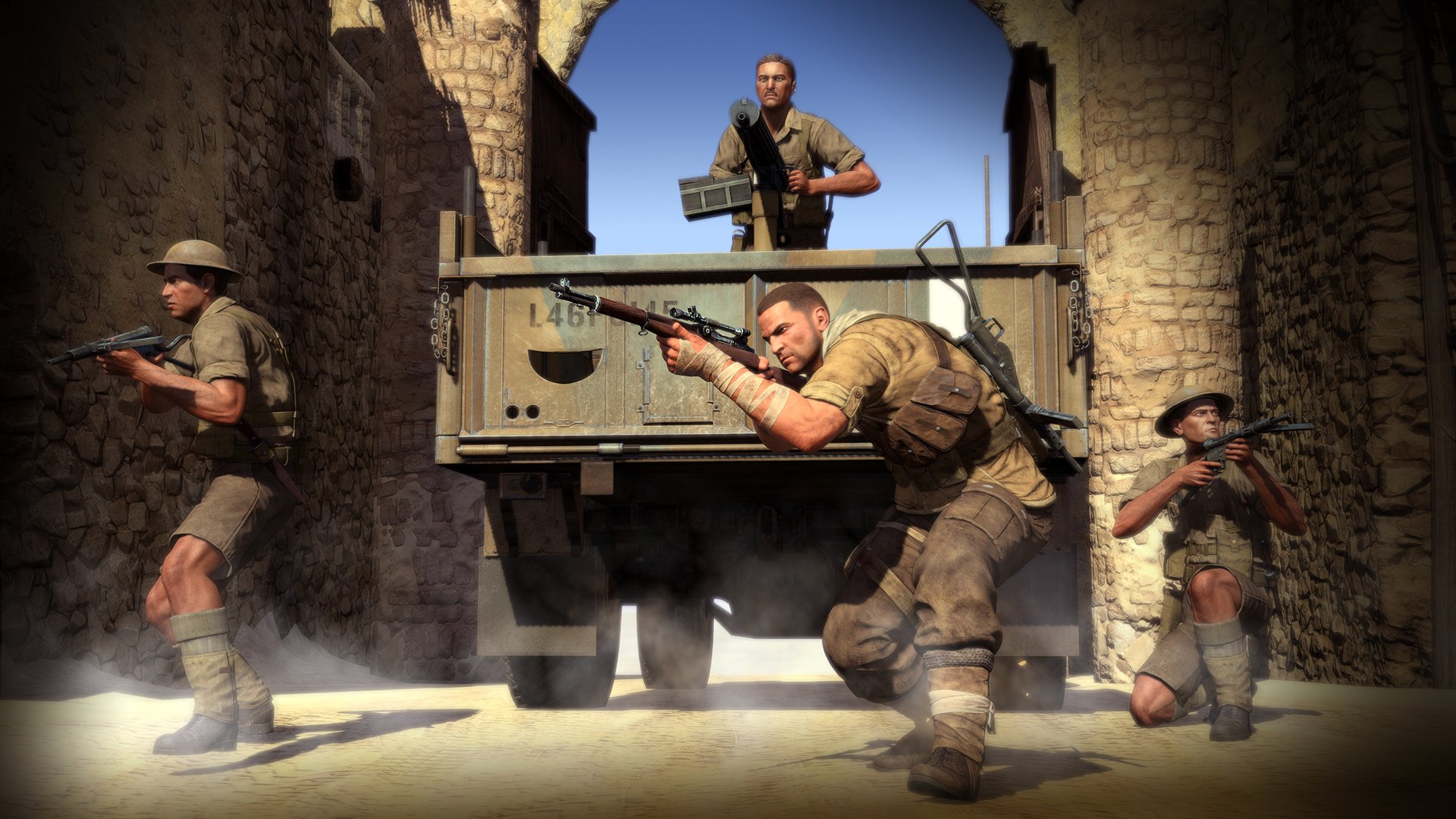 HD desktop wallpaper of Sniper Elite III featuring soldiers with weapons in a war-torn setting, with one soldier aiming his sniper rifle in the foreground.