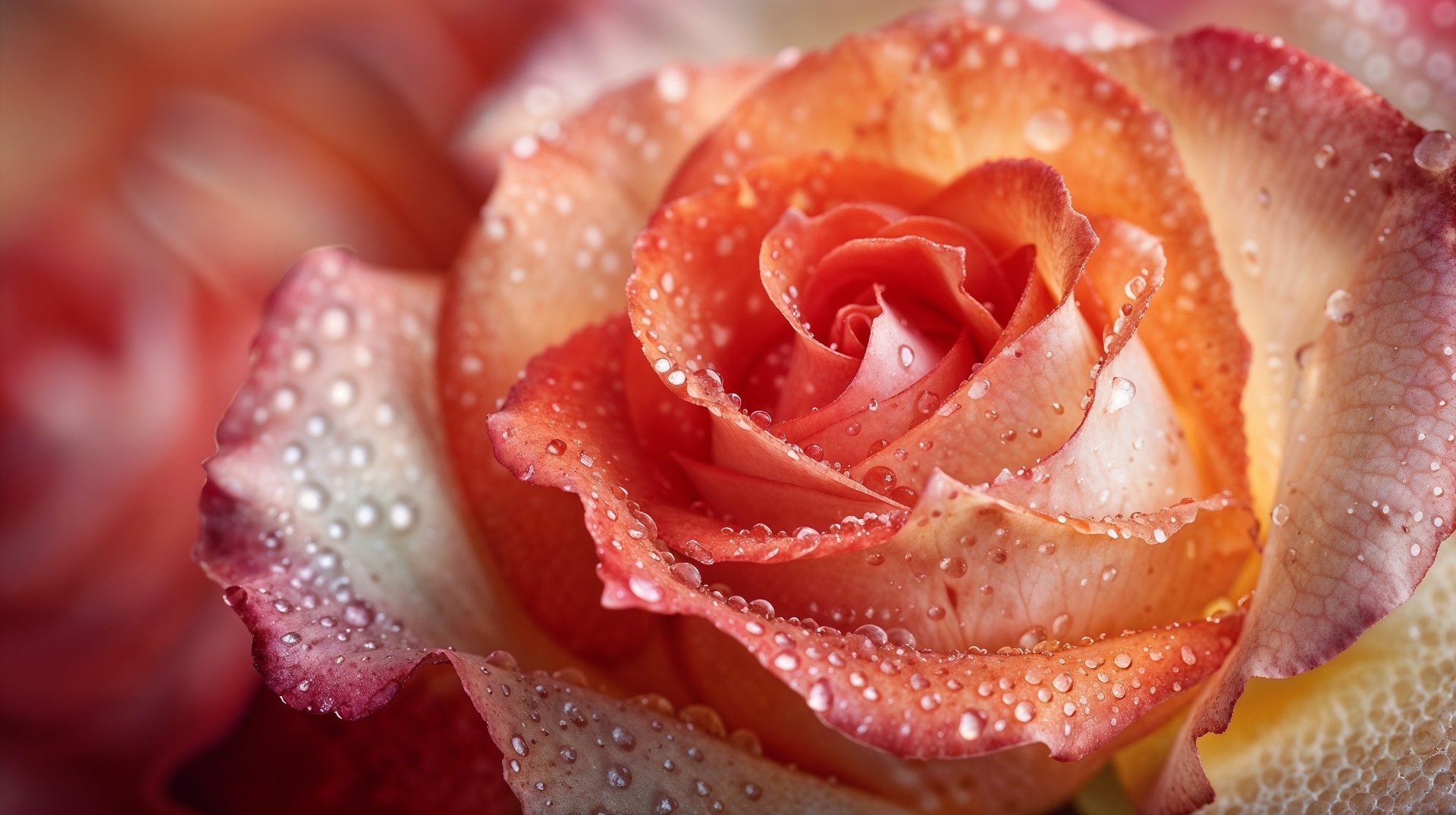 Macro shot of a dewy rose in vibrant pink and peach tones, captured in high definition for a stunning PC desktop wallpaper background.