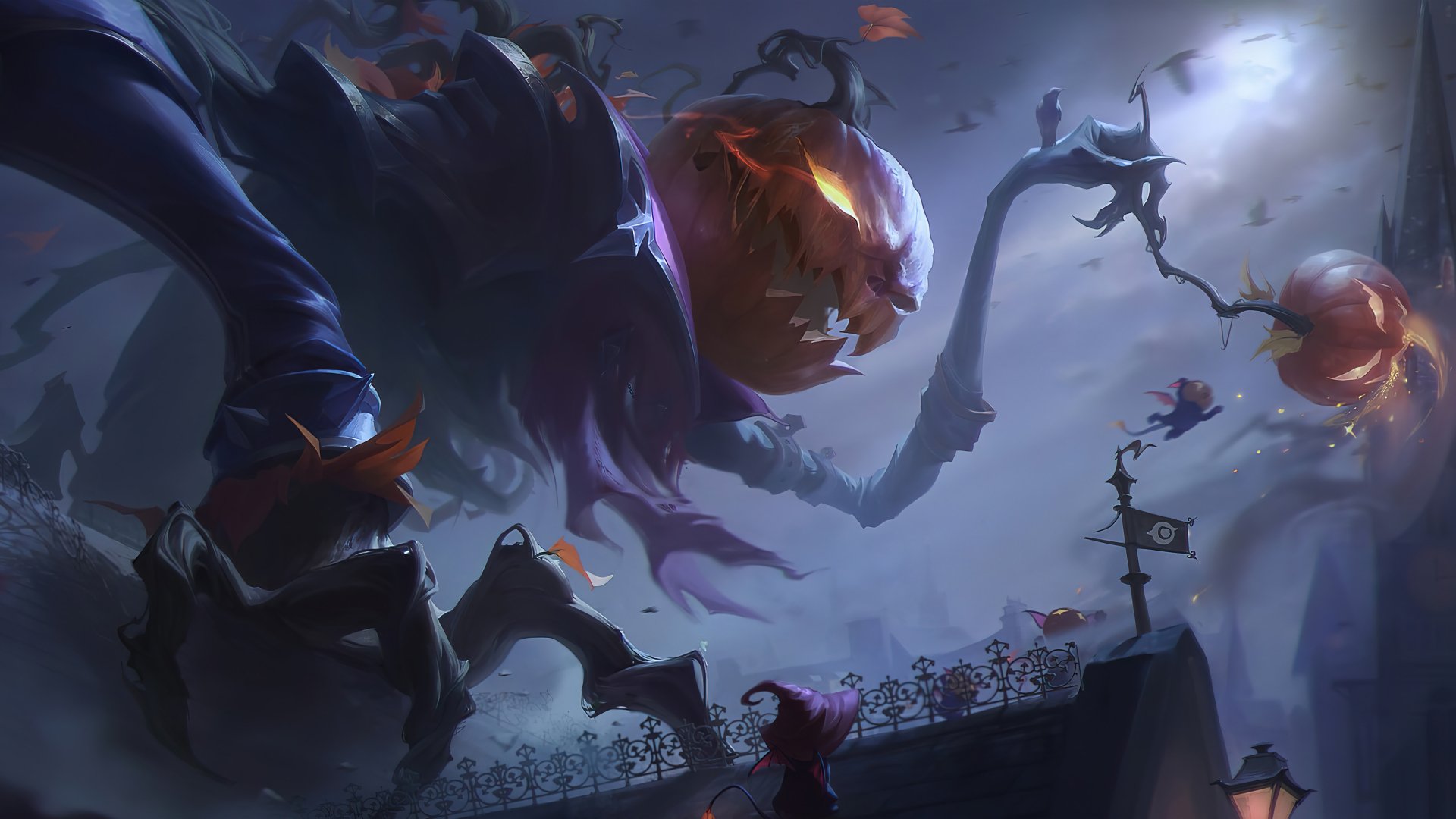 HD desktop wallpaper featuring Fiddlesticks from League of Legends, showcasing a spooky scene with a haunting figure and pumpkins.