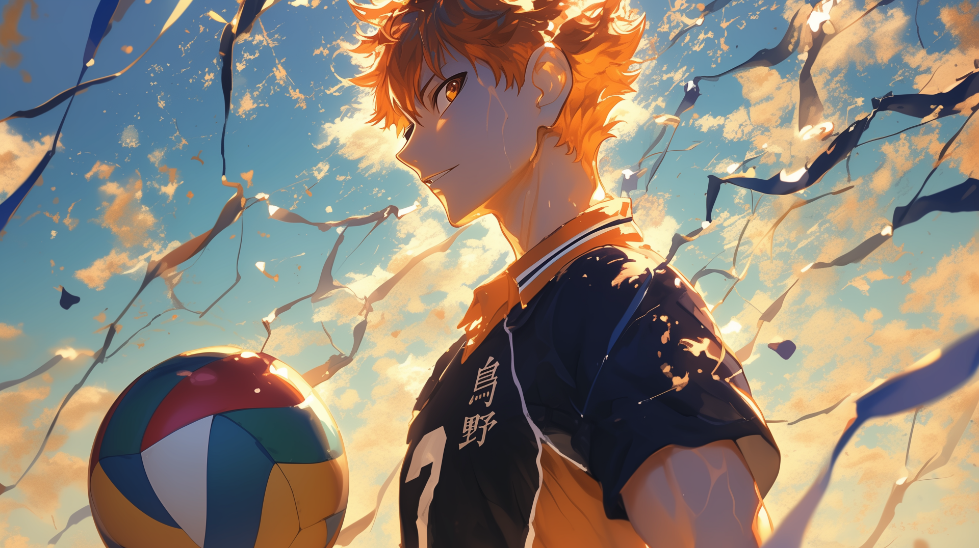 HD desktop wallpaper featuring Shōyō Hinata from Haikyū!! holding a volleyball, set against a vibrant sky backdrop. The image captures the anime character’s determination and energy in stunning detail.