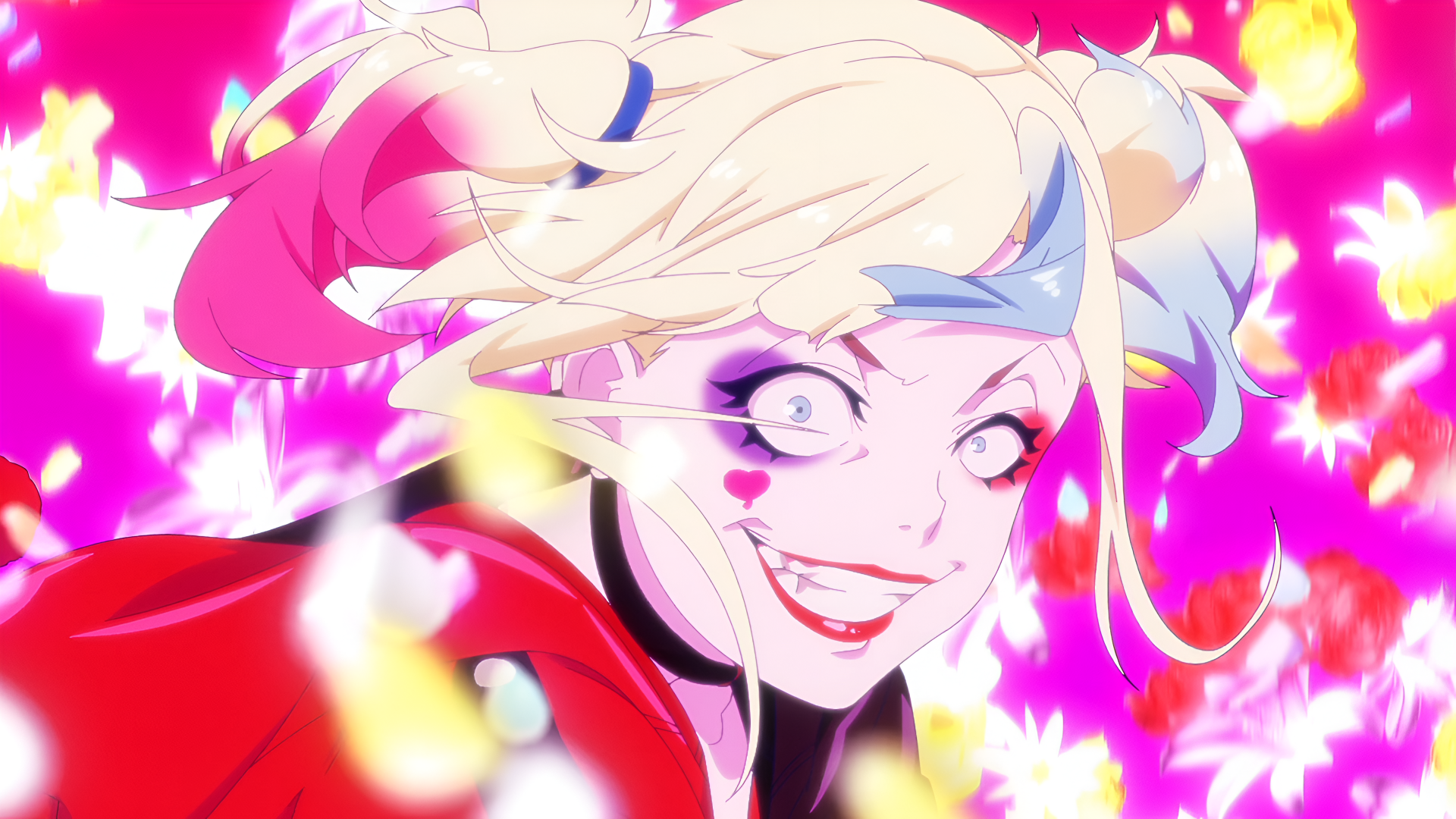 Anime-style Harley Quinn from Suicide Squad Isekai with vibrant pink and white hair, bright eyes, and a mischievous expression in a dynamic 4K Ultra HD desktop wallpaper.