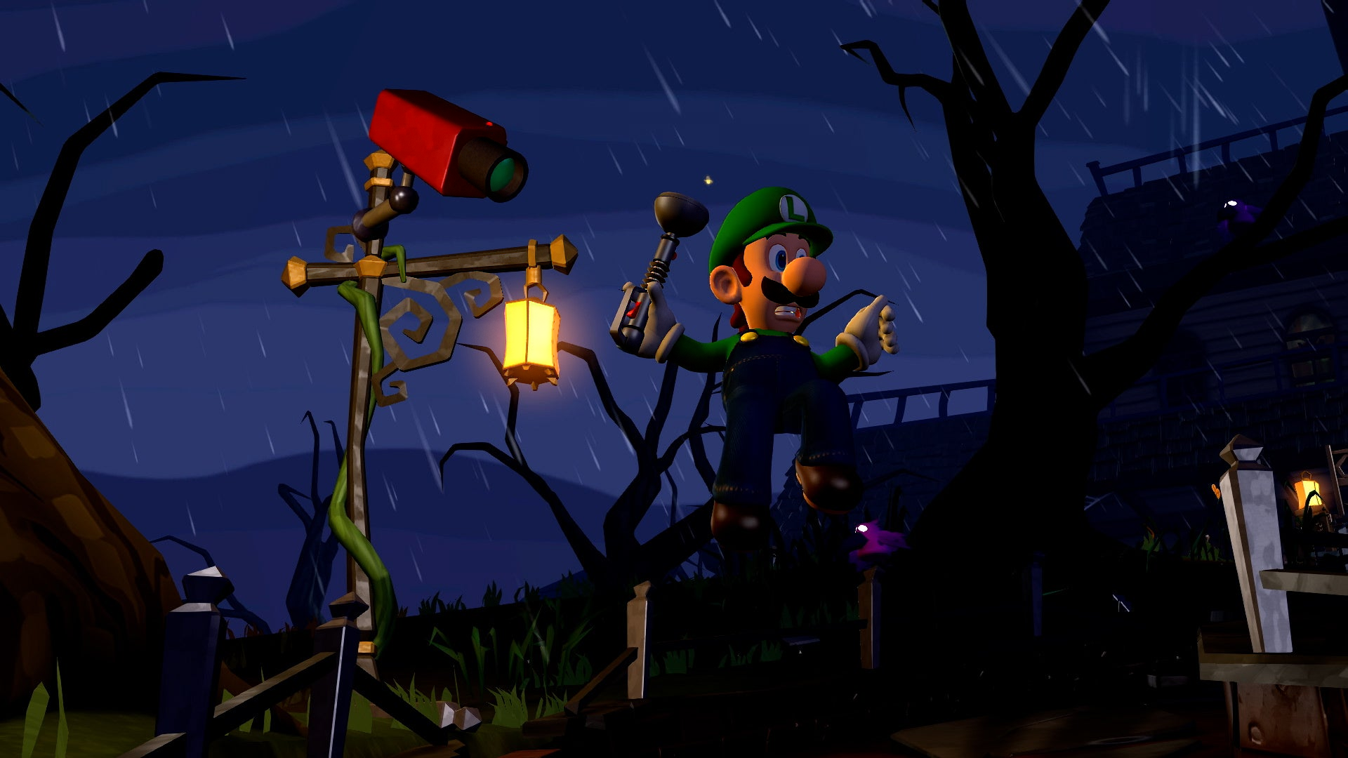 HD desktop wallpaper of Luigi from Luigi's Mansion 2, holding a flashlight in a dark, eerie landscape with a streetlamp and bare trees, set against a rainy night sky.