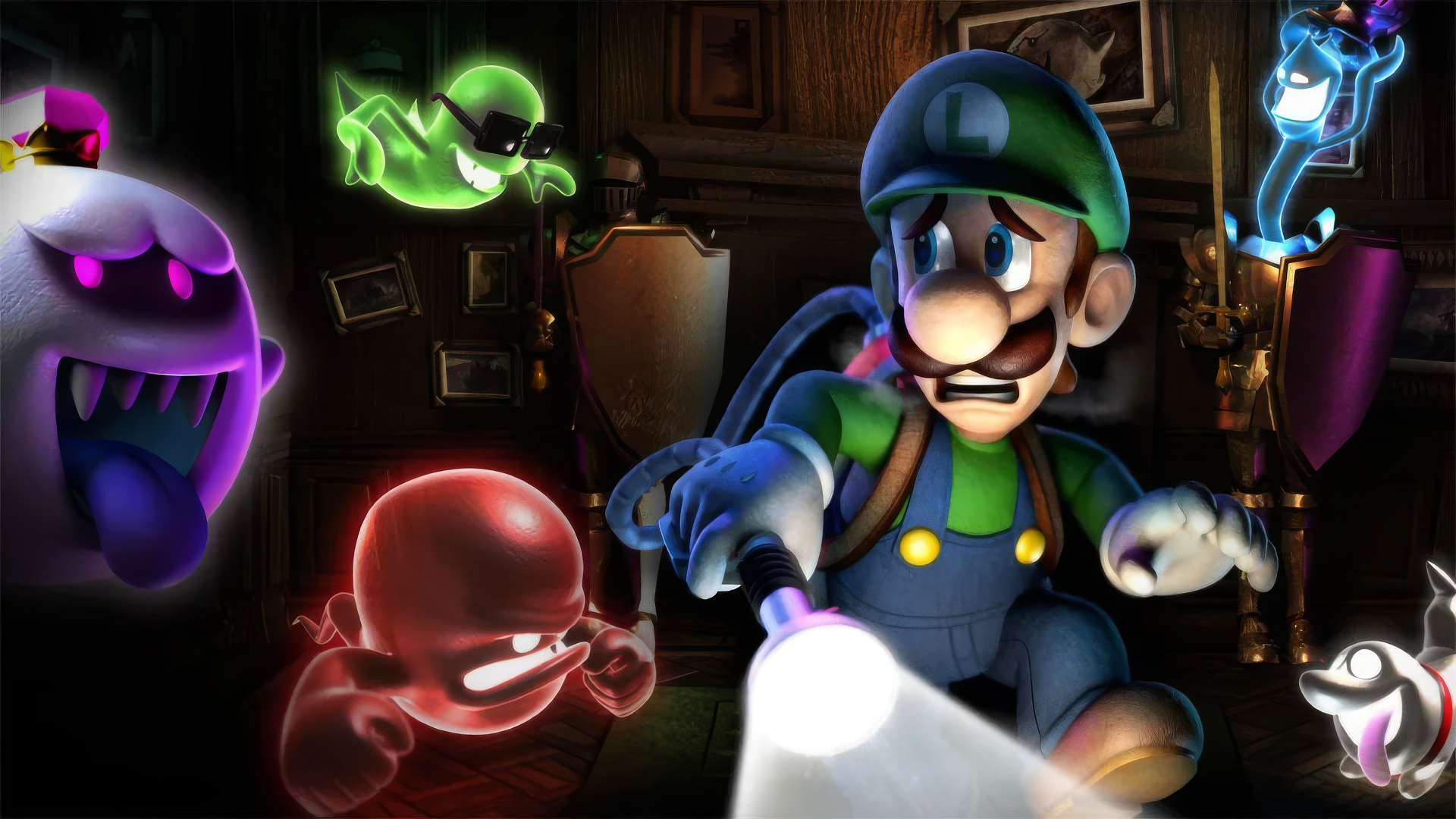 HD desktop wallpaper of Luigi's Mansion 2, featuring Luigi holding a flashlight surrounded by colorful, eerie ghosts in a dark, spooky mansion setting.