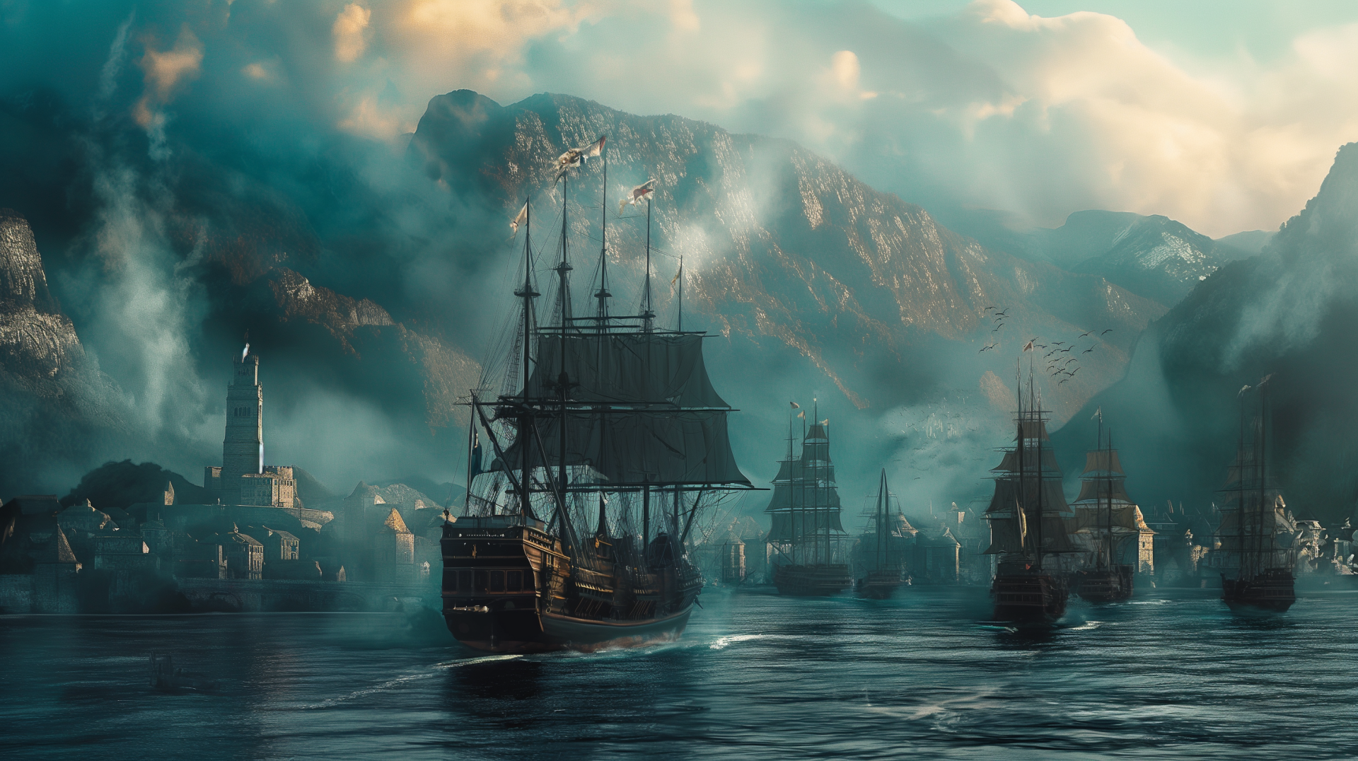 A medieval warship fleet sails through a misty harbor with towering mountains in the background, captured in stunning HD for a PC desktop wallpaper.