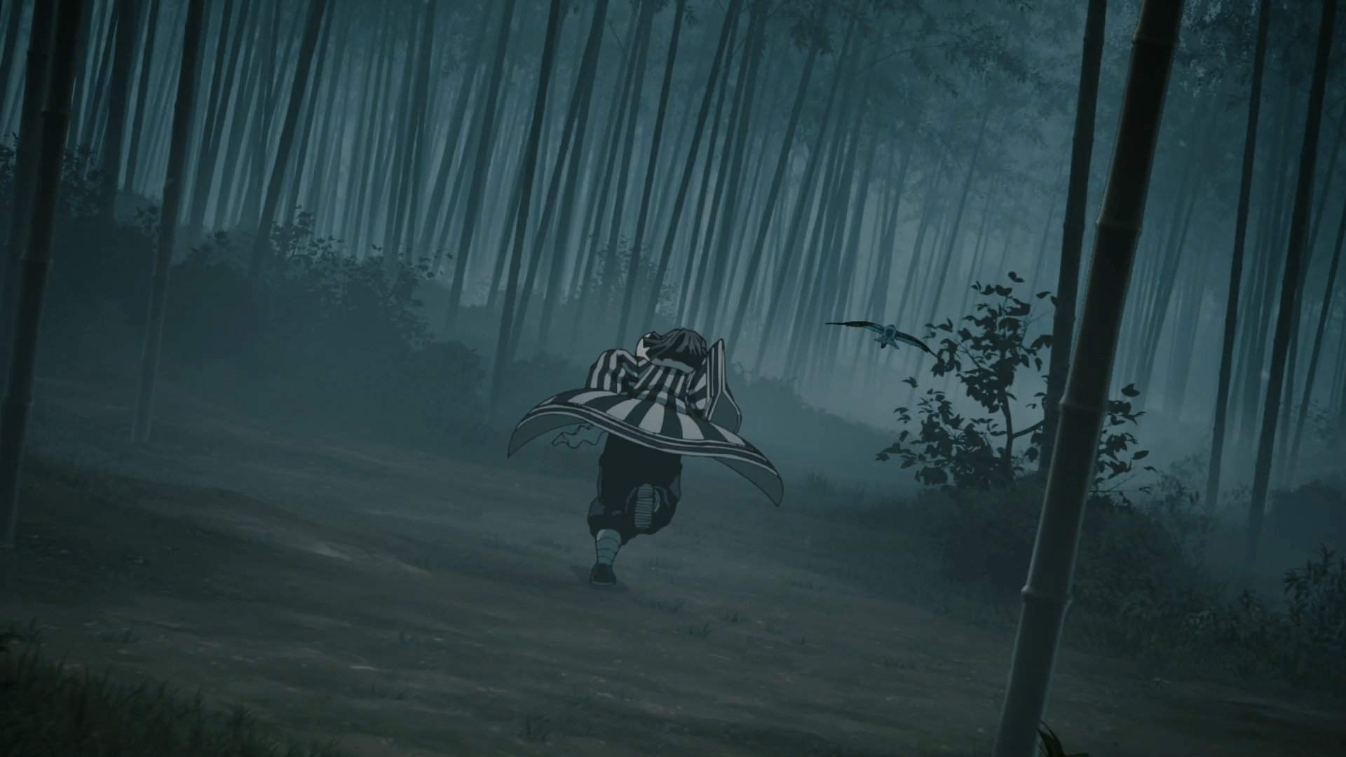 HD PC desktop wallpaper featuring Obanai Iguro from the anime Demon Slayer: Kimetsu no Yaiba, running through a misty bamboo forest at night.