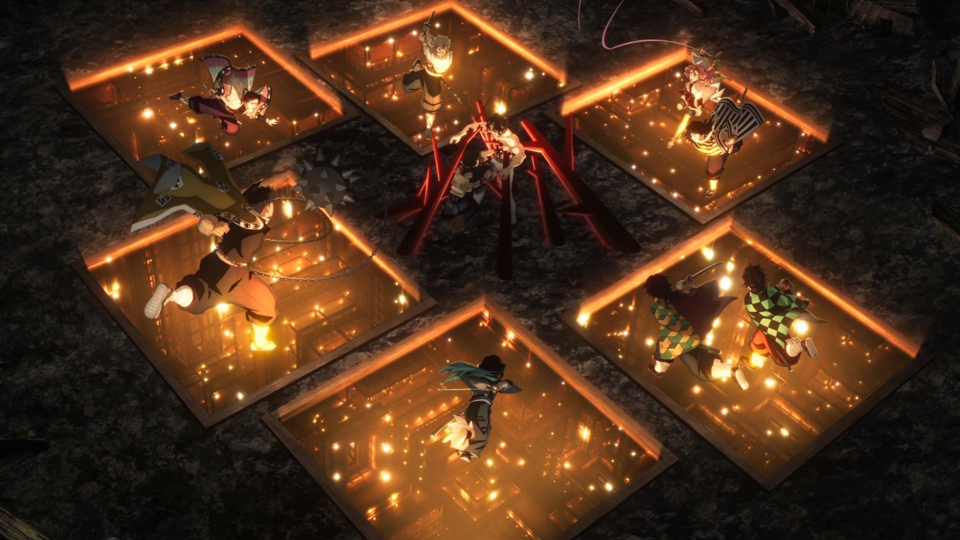 HD desktop wallpaper featuring Tanjiro Kamado, Giyu Tomioka, Muichiro Tokito, Gyomei Himejima, and others from Demon Slayer: Kimetsu no Yaiba surrounded by glowing candles.