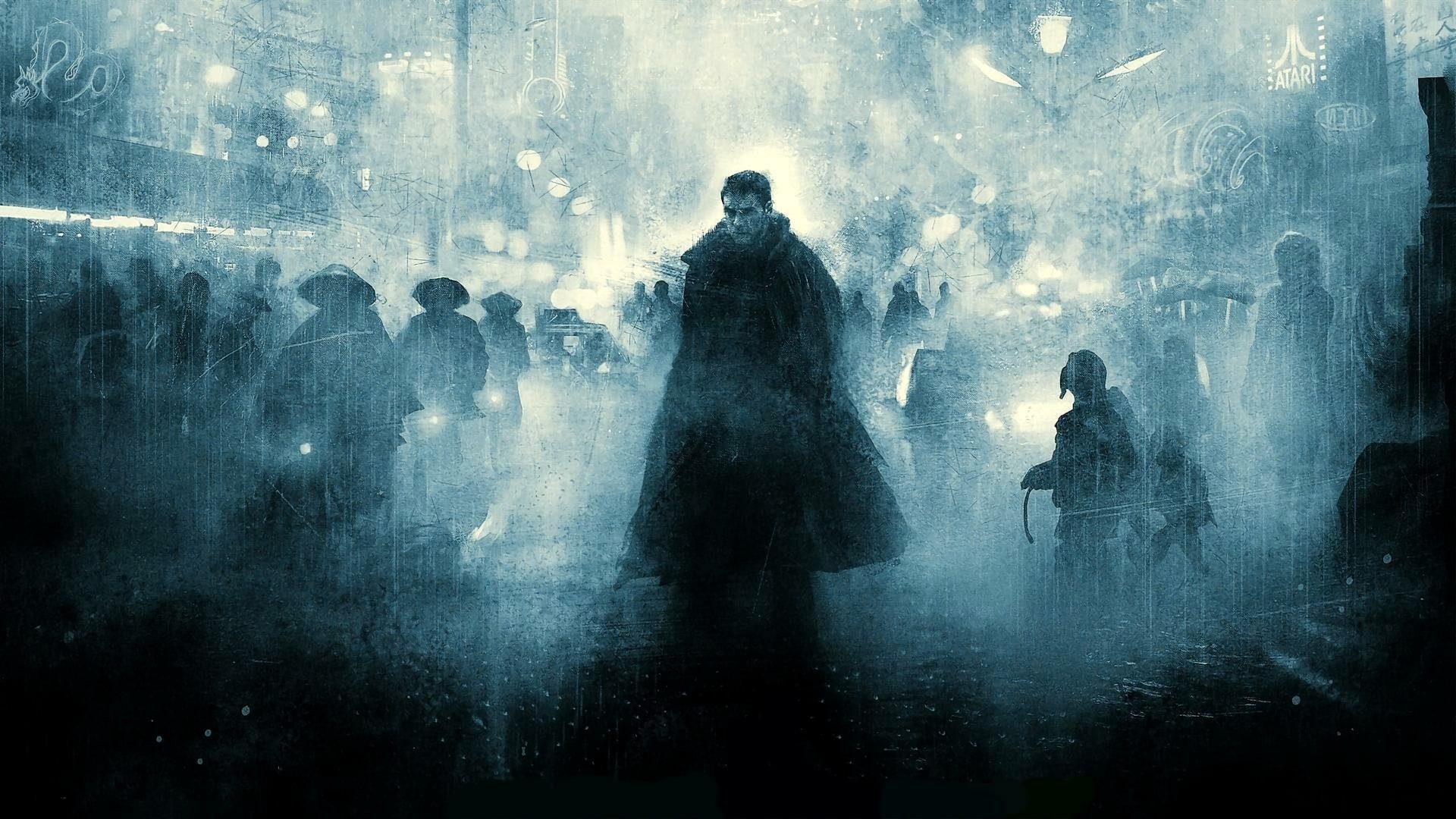 HD PC desktop wallpaper featuring a moody, foggy cityscape inspired by Blade Runner, with a silhouette resembling Harrison Ford in a sci-fi noir setting.