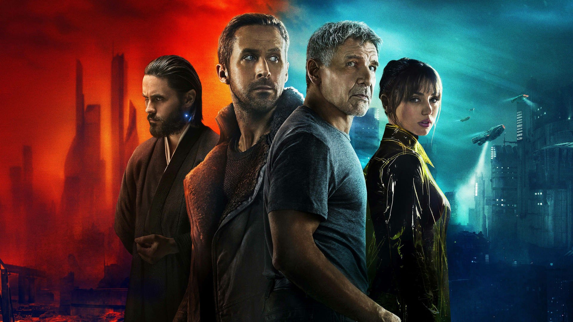 HD Sci-Fi desktop wallpaper featuring main characters from Blade Runner 2049: Harrison Ford, Ryan Gosling, and Ana de Armas against a contrasting red and blue cityscape.