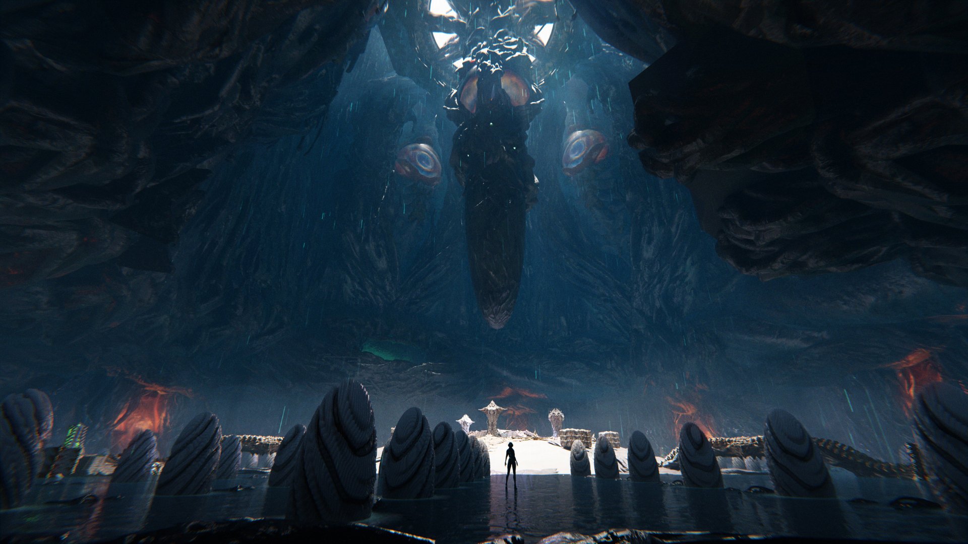 An HD desktop wallpaper from the video game The First Descendant, featuring a mysterious, cavernous environment with a figure standing in the foreground, illuminated by ambient lighting.