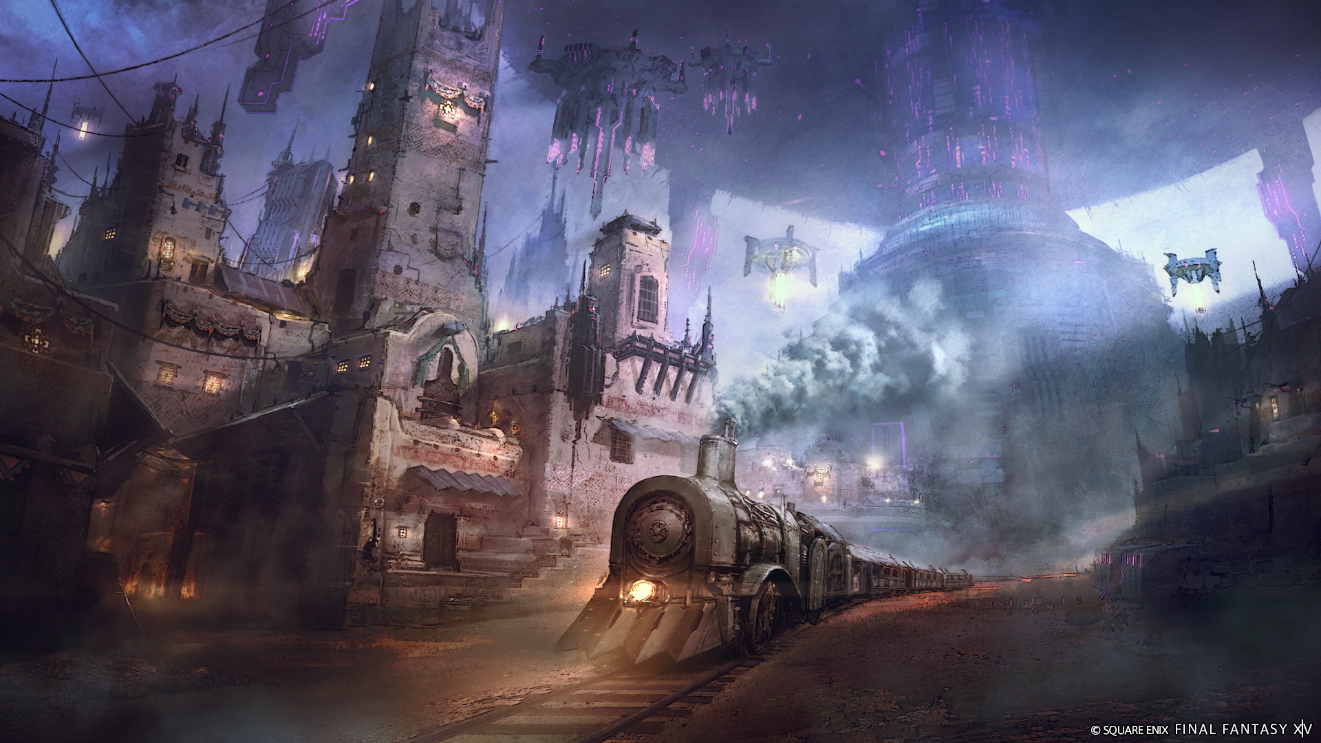 A high-definition desktop wallpaper featuring a fantastical cityscape from Final Fantasy XIV: Dawntrail, with a steam-powered train and towering, gothic architecture against a mystical night sky.