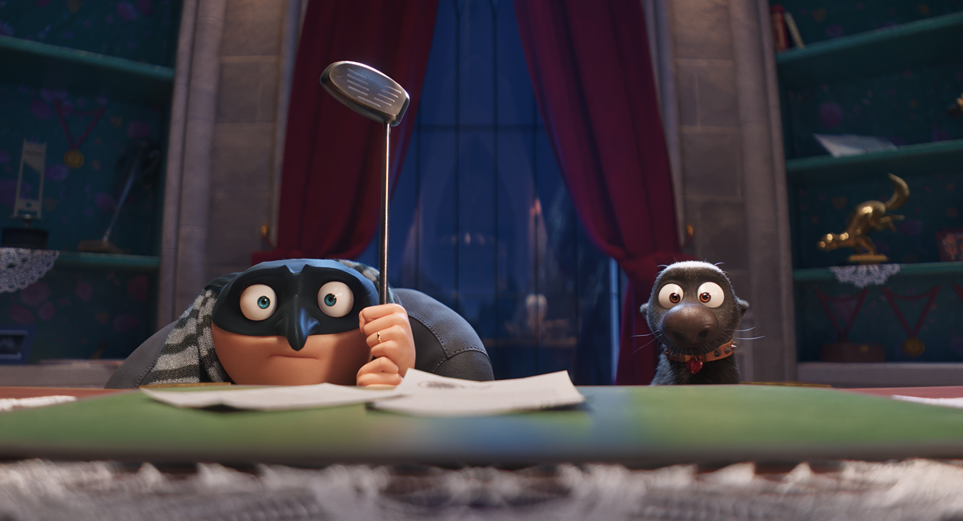 HD desktop wallpaper and background from the movie Despicable Me 4, featuring a humorous scene with a character holding a golf club and a curious animal companion, set in a dimly lit room with red curtains.