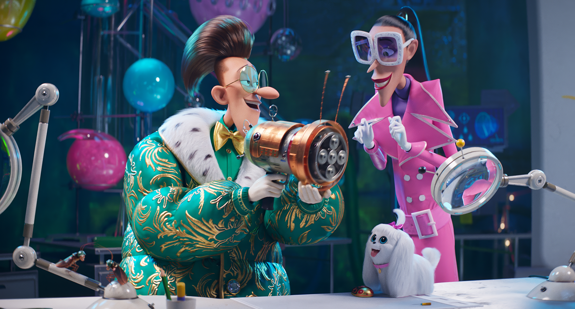 HD desktop wallpaper of Despicable Me 4 featuring two animated characters, one holding a device, and a small white dog in a laboratory-like setting.