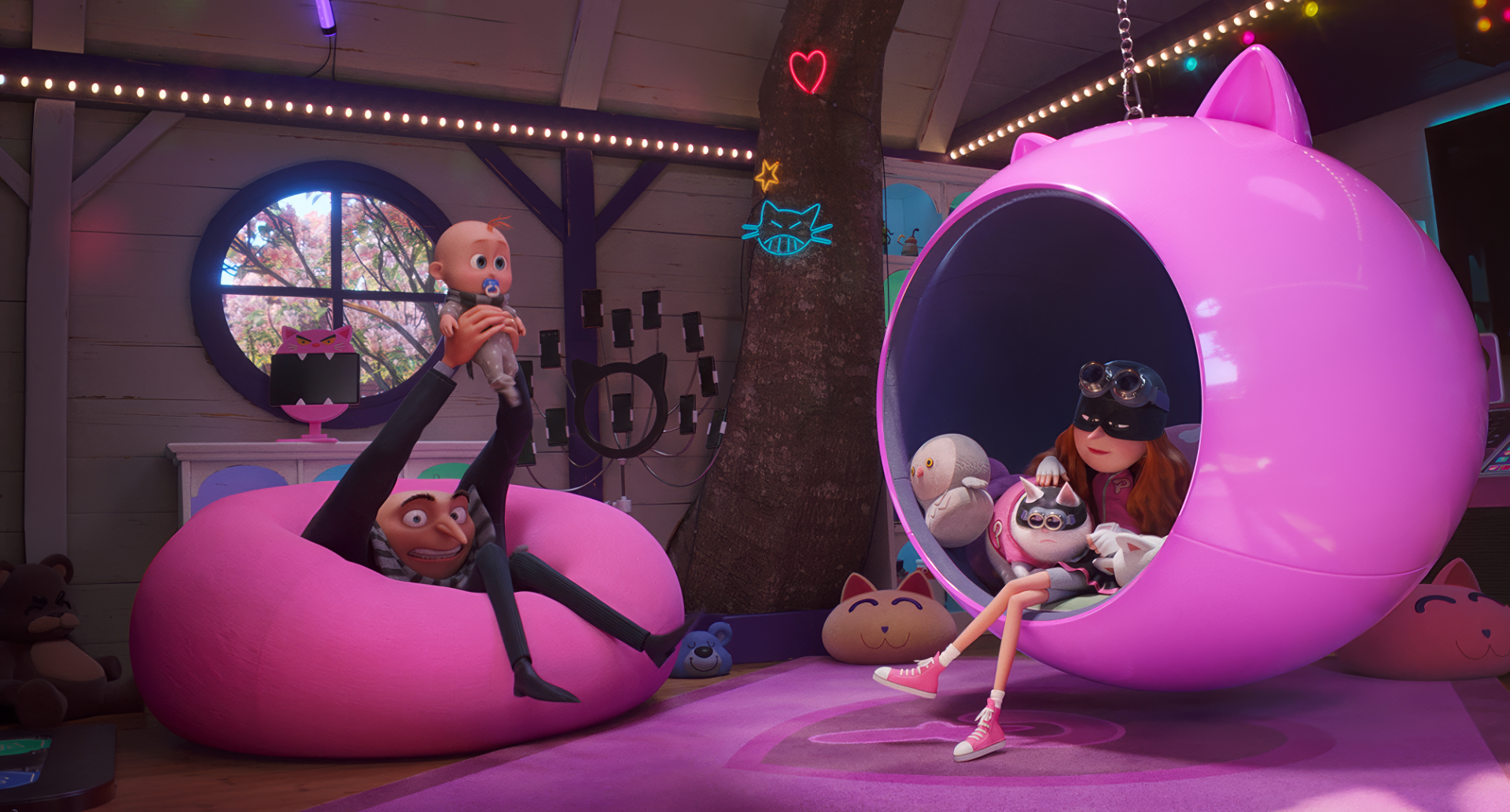 HD desktop wallpaper for Despicable Me 4 featuring characters in a cozy and colorful room. One character lounges in a pink beanbag holding a baby, while another sits in a pink cat-themed chair.