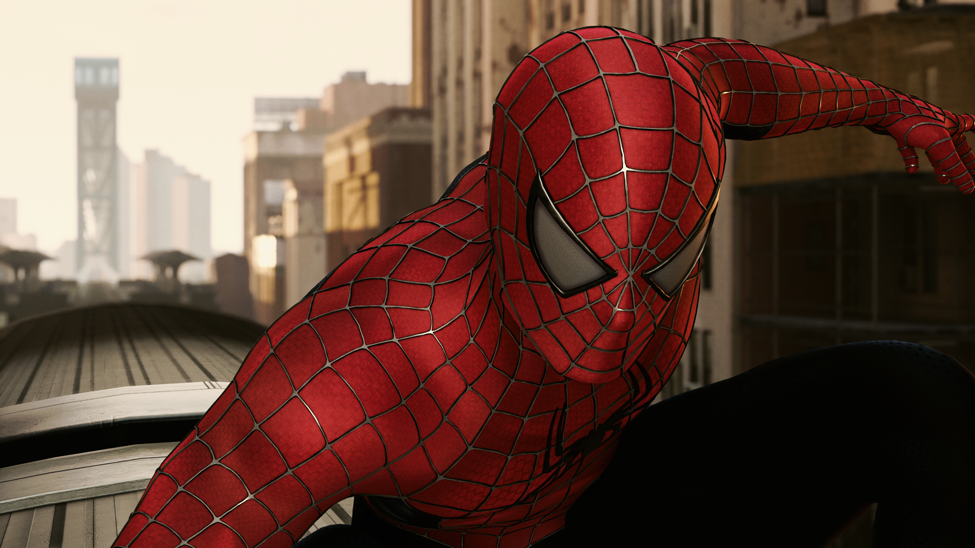 HD PC desktop wallpaper featuring Spider-Man in a dynamic pose with a detailed suit against a cityscape background.