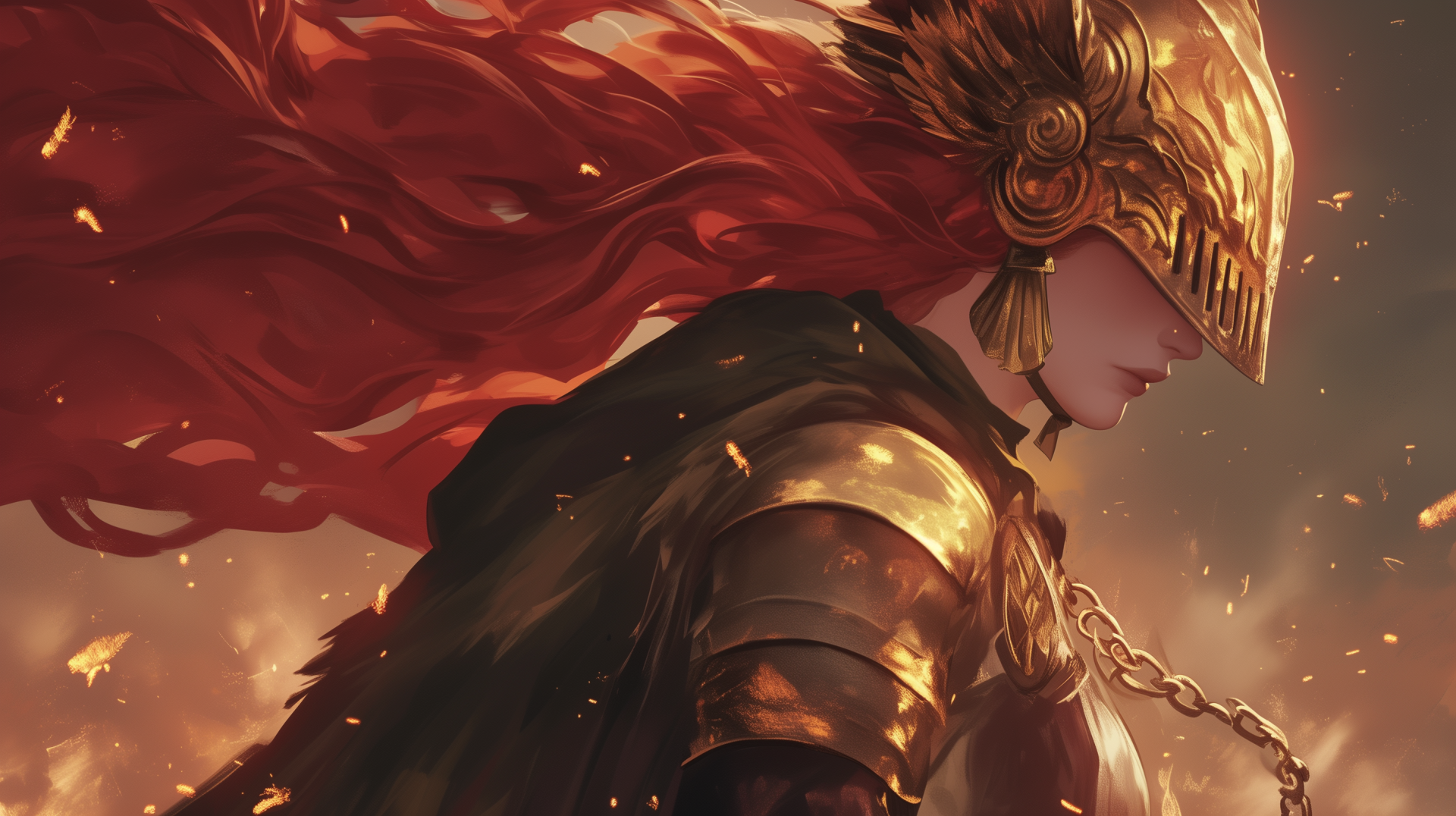 HD wallpaper of Elden Ring's Malenia Blade of Miquella, showcasing her in golden armor and a flowing red cape.