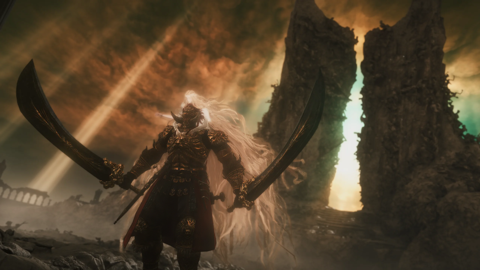 HD desktop wallpaper featuring Starscourge Radahn from Elden Ring Shadow of the Erdtree in front of a dramatic, crumbling landscape under a stormy sky.