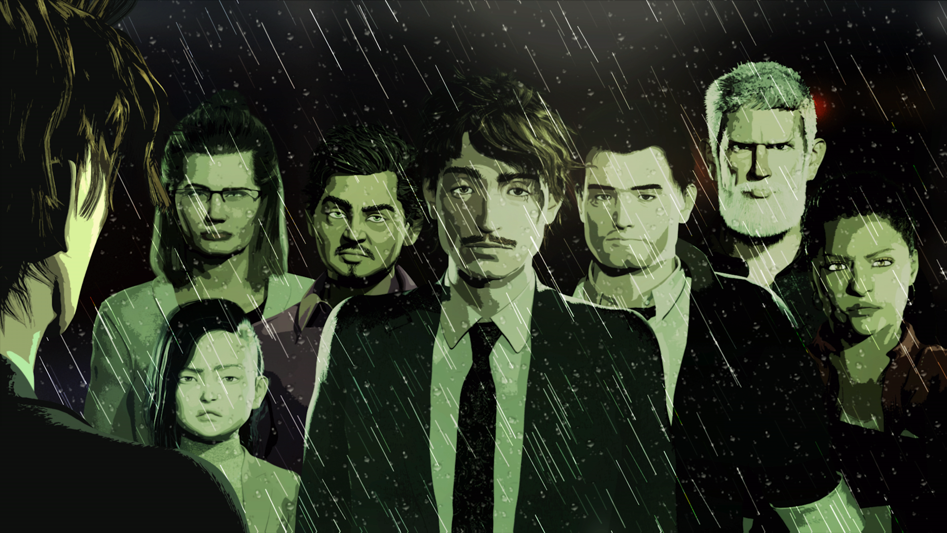 HD desktop wallpaper of the TV show Psi Cops featuring a group of characters standing in a dramatic rain-soaked scene.