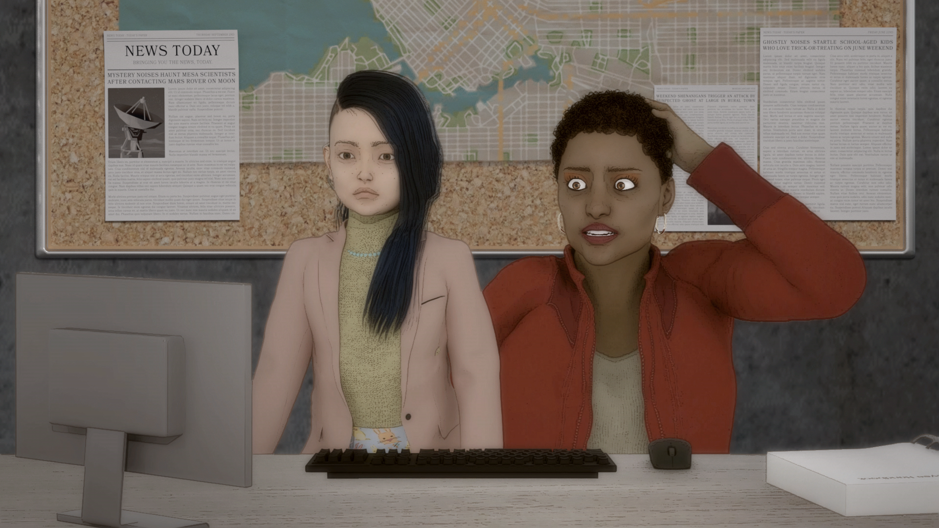 Two characters from the TV show Psi Cops are seen working at a desk with a computer. The scene serves as a high-definition desktop wallpaper and background.