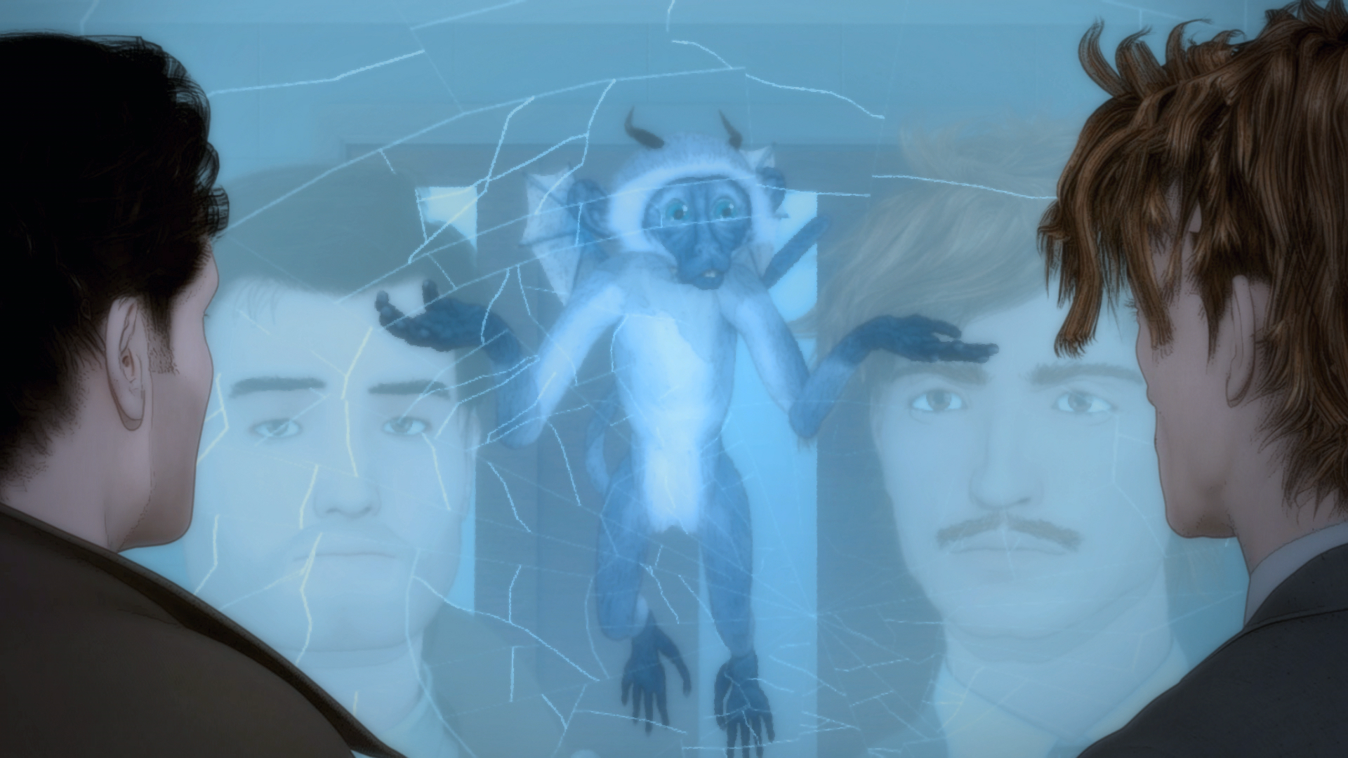 HD desktop wallpaper and background of the TV show Psi Cops, featuring two characters looking at a mysterious monkey-like figure behind a cracked glass or screen.