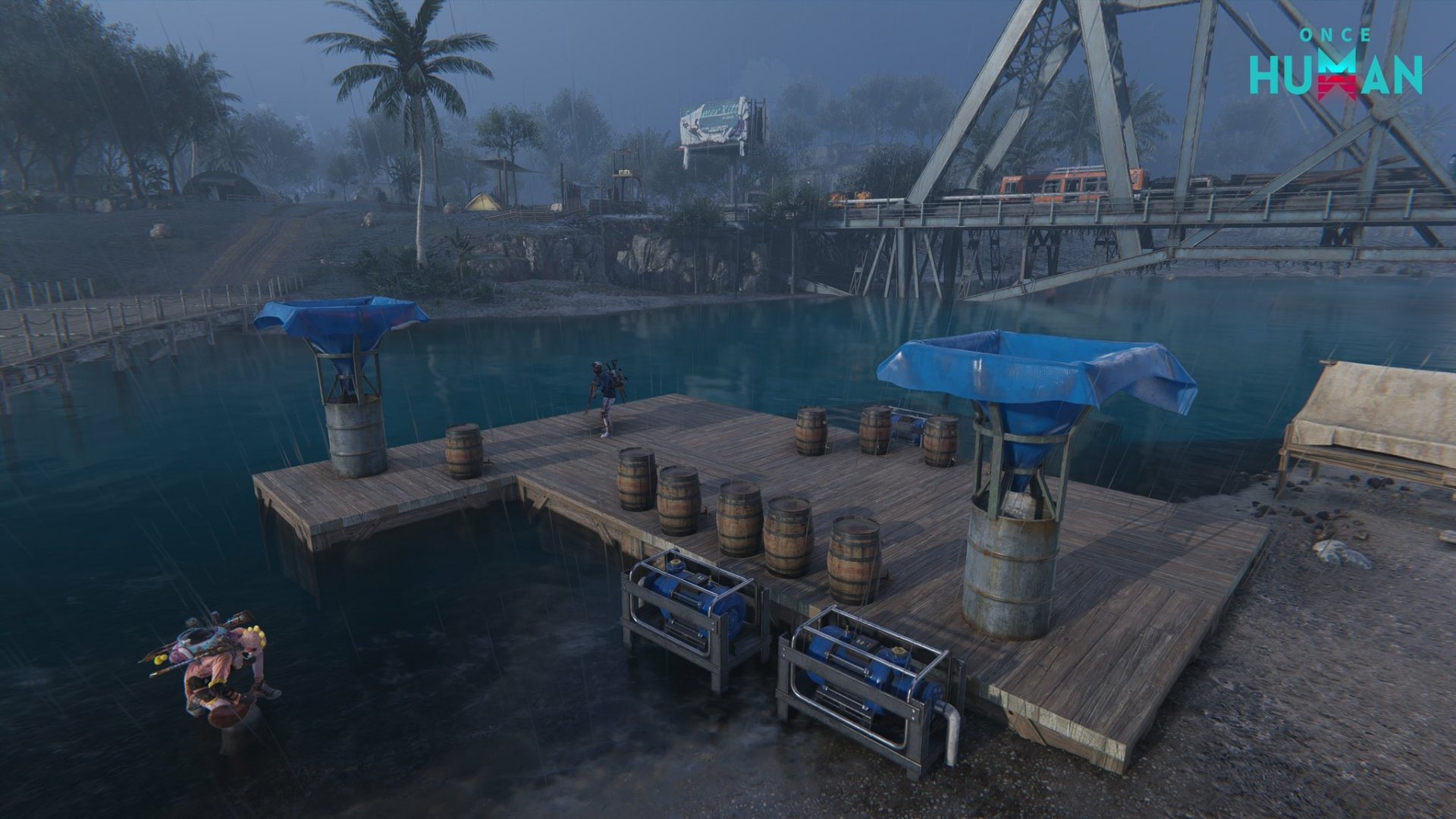 HD desktop wallpaper and background featuring a dock scene from the video game Once Human with barrels, machinery, and a scenic water view surrounded by palm trees and mist.