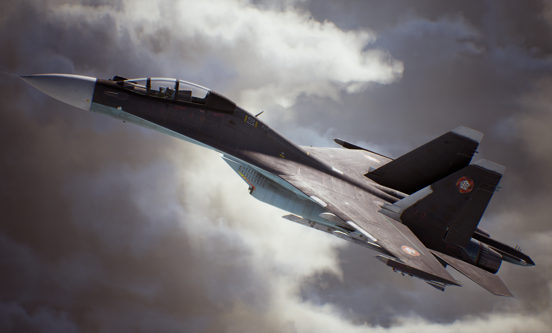 HD desktop wallpaper of Ace Combat 7: Skies Unknown featuring a jet fighter soaring through a dramatic, cloudy sky.