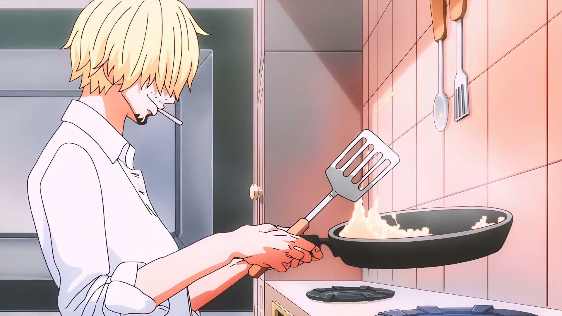 Anime 4K PC wallpaper of Sanji (One Piece) cooking at a stove, flipping food in a frying pan with a cigarette in his mouth under warm kitchen lighting.