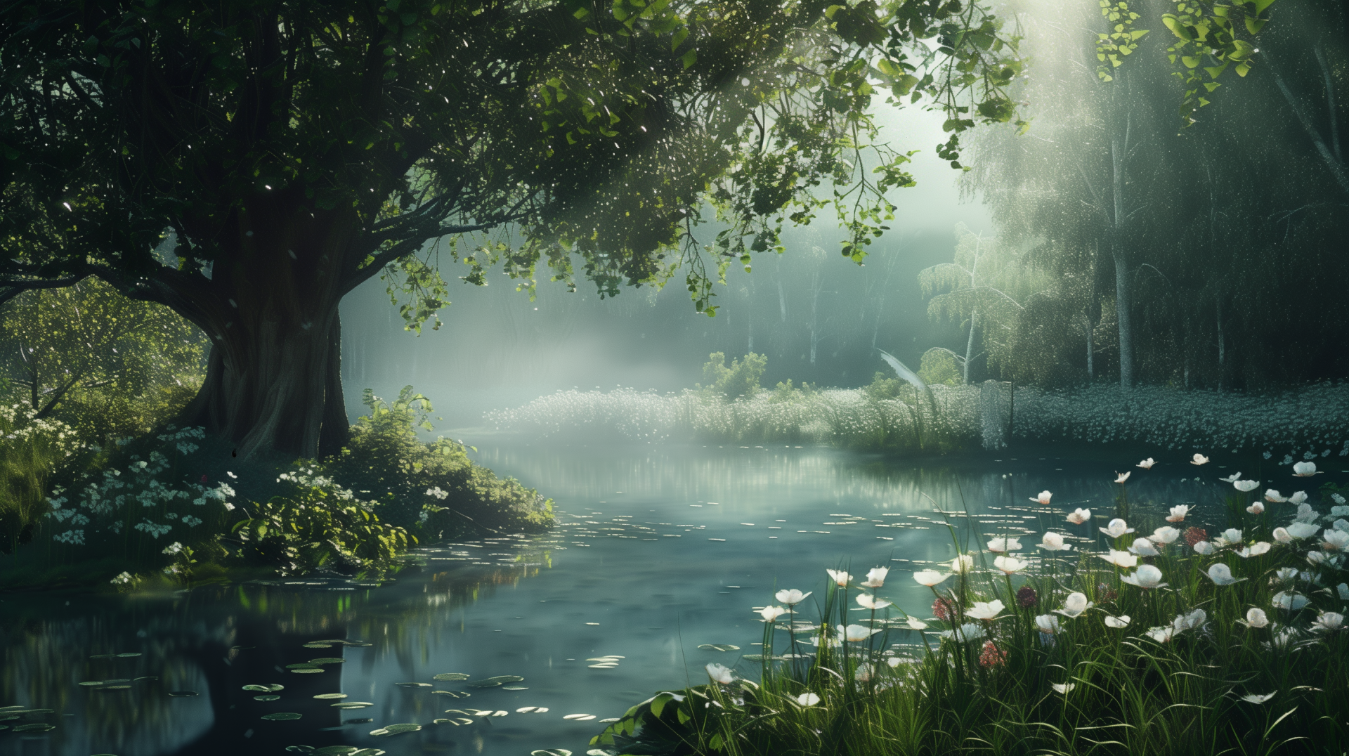 A serene pond surrounded by lush greenery and blooming flowers, with sunlight filtering through the trees. This high-definition wallpaper evokes a sense of calm and relaxation in a tranquil natural setting.
