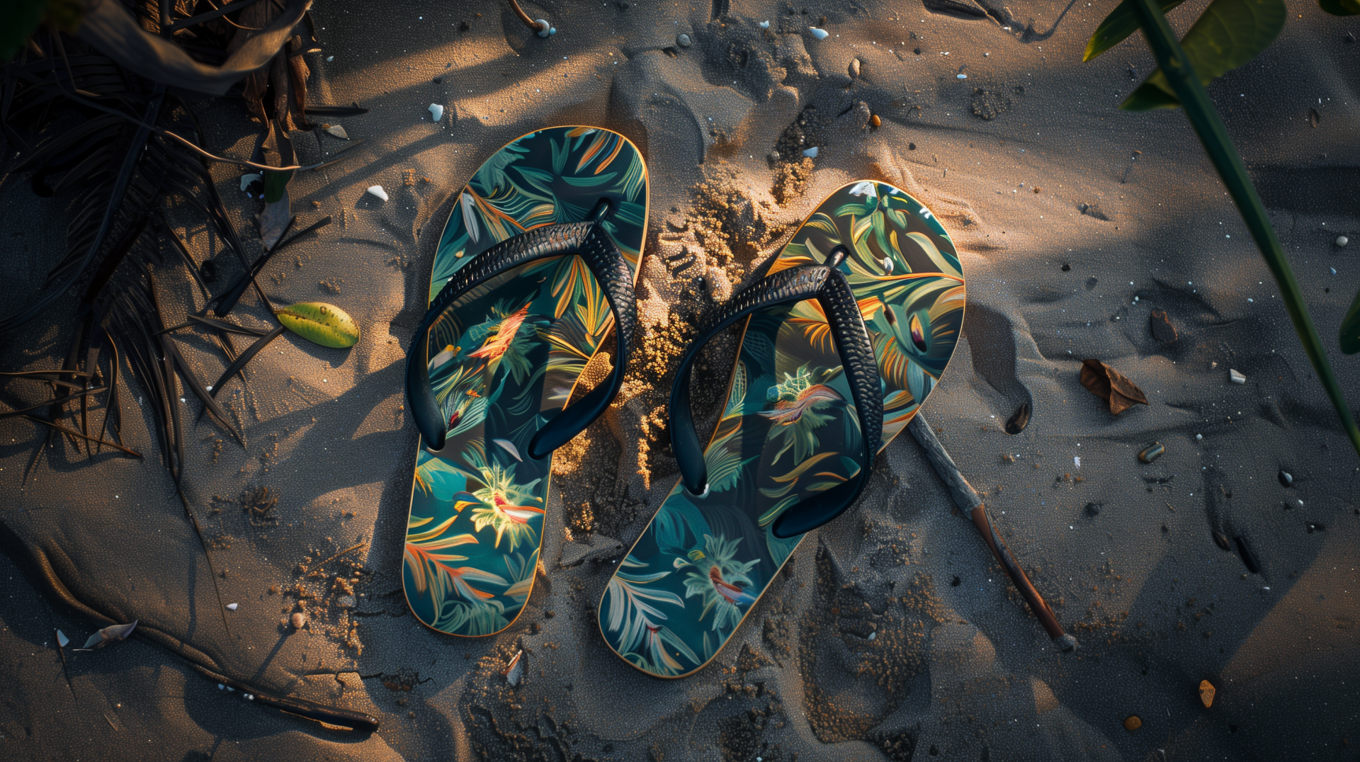 HD desktop wallpaper featuring floral print flip-flops resting on sandy ground, with scattered leaves and twigs adding to the natural beach vibe.
