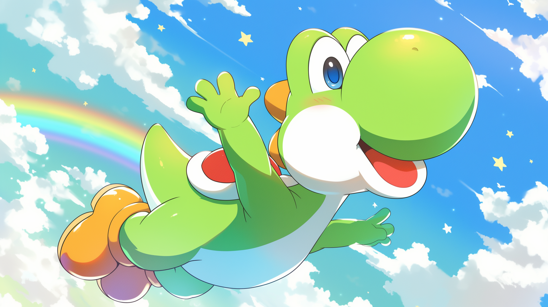 Anime image of Yoshi flying in a sky filled with clouds, stars, and a rainbow. This HD desktop wallpaper and background presents Yoshi with a joyful expression against a vibrant, colorful backdrop.